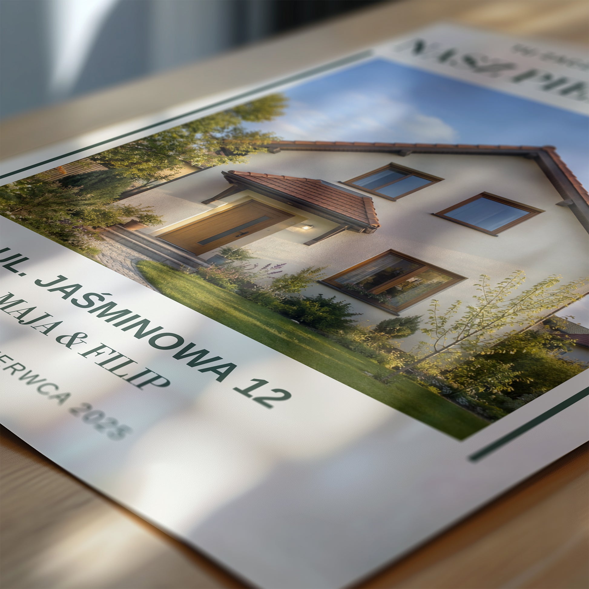 Personalizowany plakat NASZ PIERWSZY DOM w zbliżeniu pokazującym nadruk i typografię, z własnym zdjęciem i tekstem | C-PL-HEART-26-2130-NF