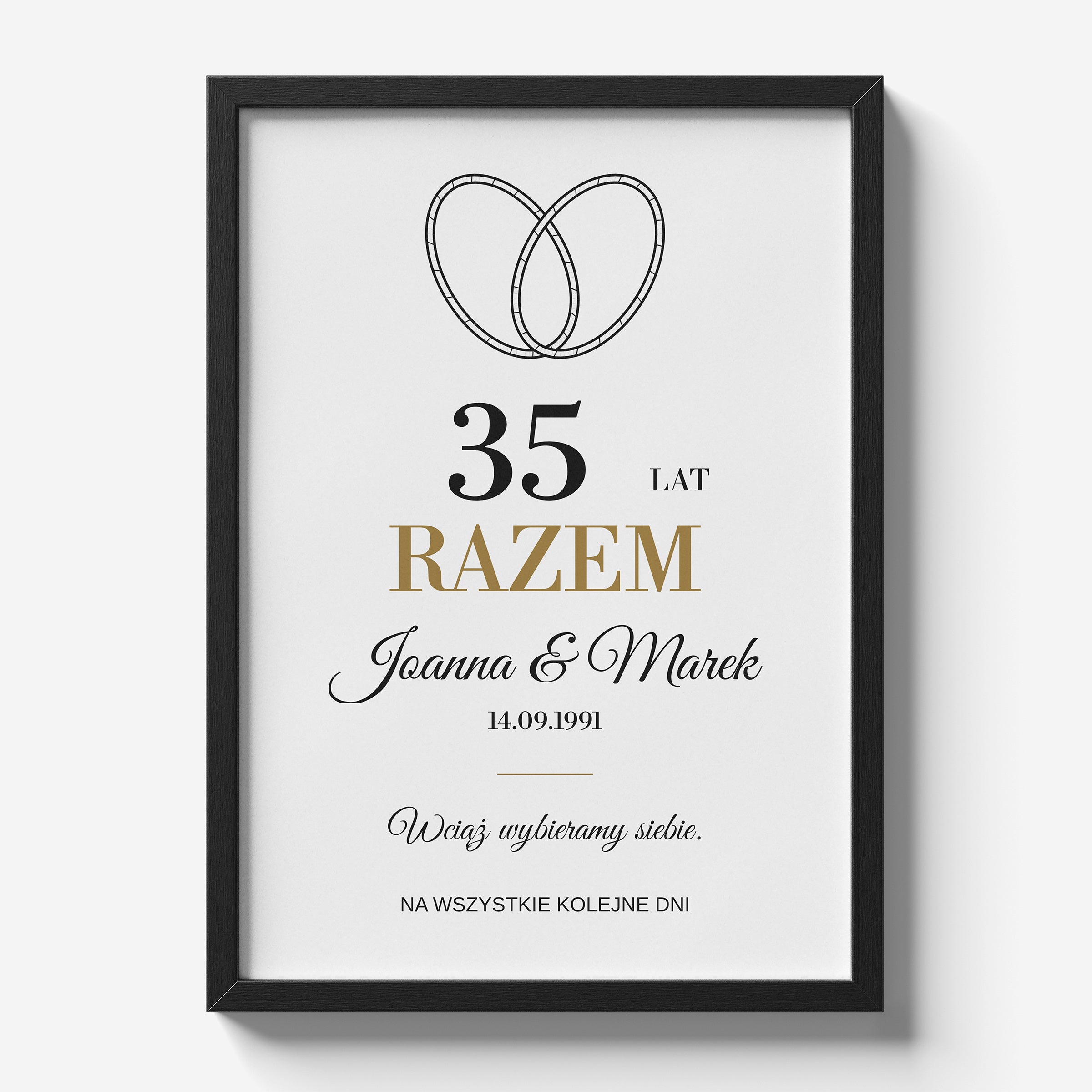 Personalizowany plakat OBRĄCZKI NA ZAWSZE w czarnej ramce 21×30 na jasnym tle Marami, z własnym tekstem | C-PL-HEART-15-2130-NF