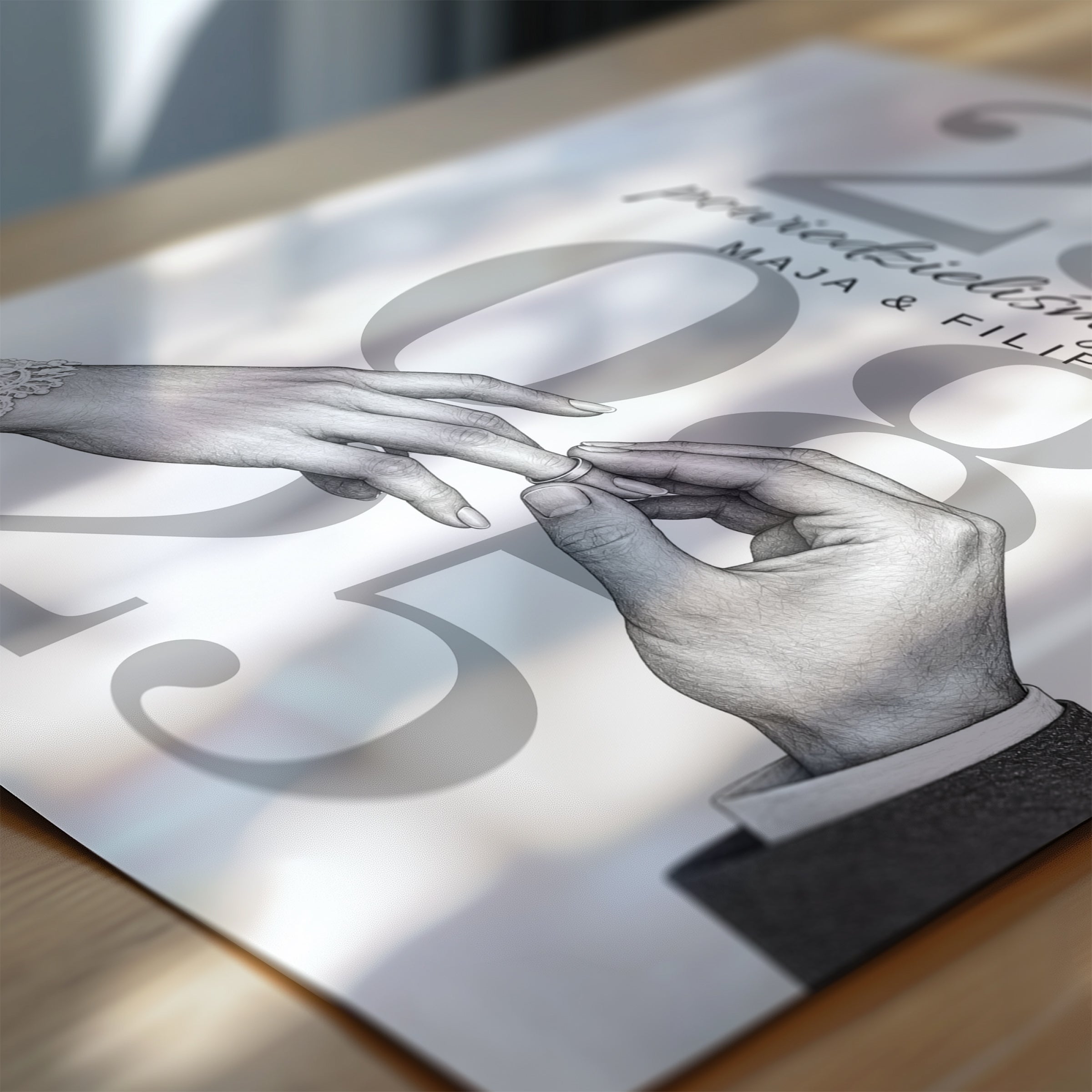 Personalizowany plakat POWIEDZIELIŚMY TAK w zbliżeniu pokazującym nadruk i typografię, z własnym tekstem | C-PL-HEART-20-2130-NF