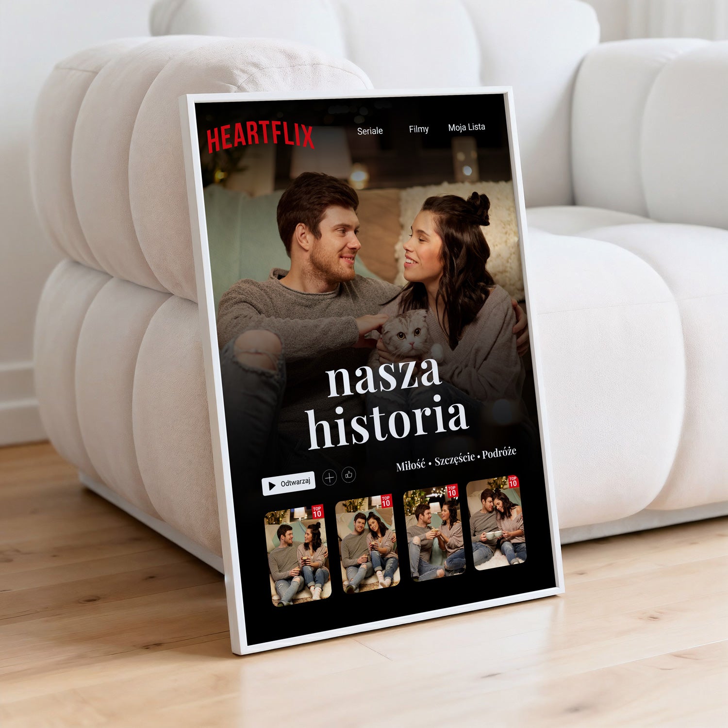 Plakat Heartflix oparty o biały otoman - jasna oprawa