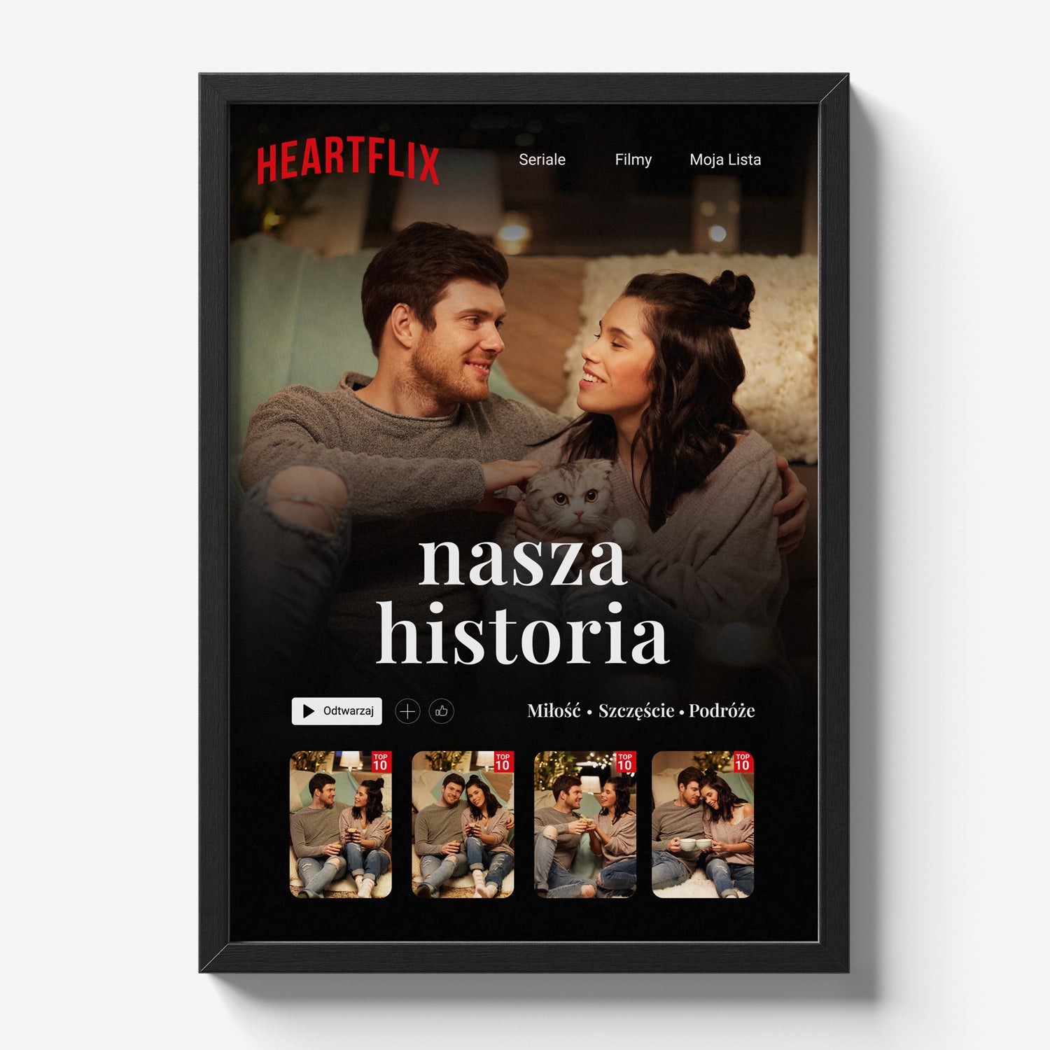 Personalizowany plakat Heartflix w stylu Netflix z waszym zdjęciem i tytułem historii