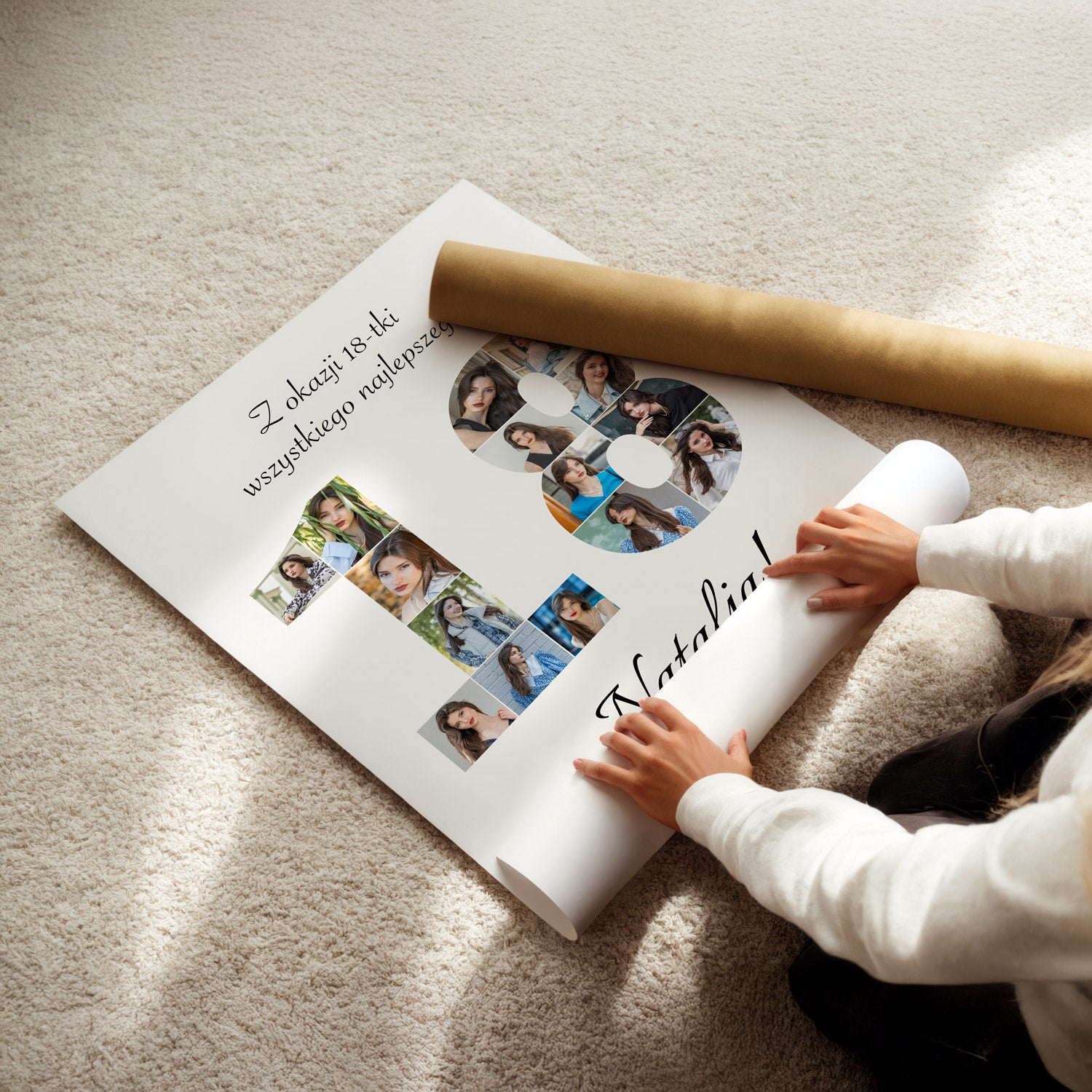 Kolaż urodzinowy 18 ze zdjęciami solenizantki rozwijany z tuby - rolka papieru fotograficznego