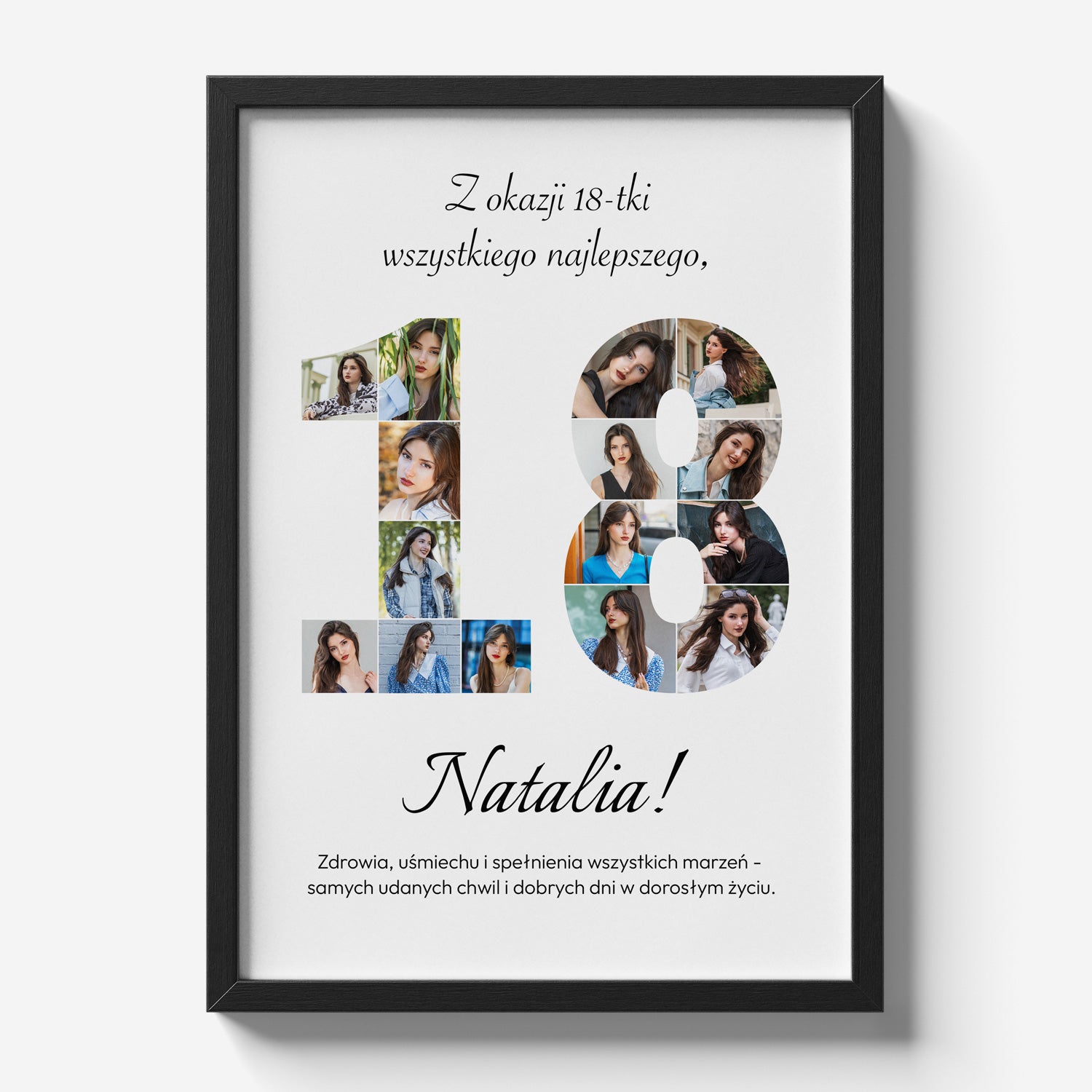 Personalizowany plakat na 18 urodziny w czarnej ramce z 16 zdjęciami i personalizowaną dedykacją - widok produktowy