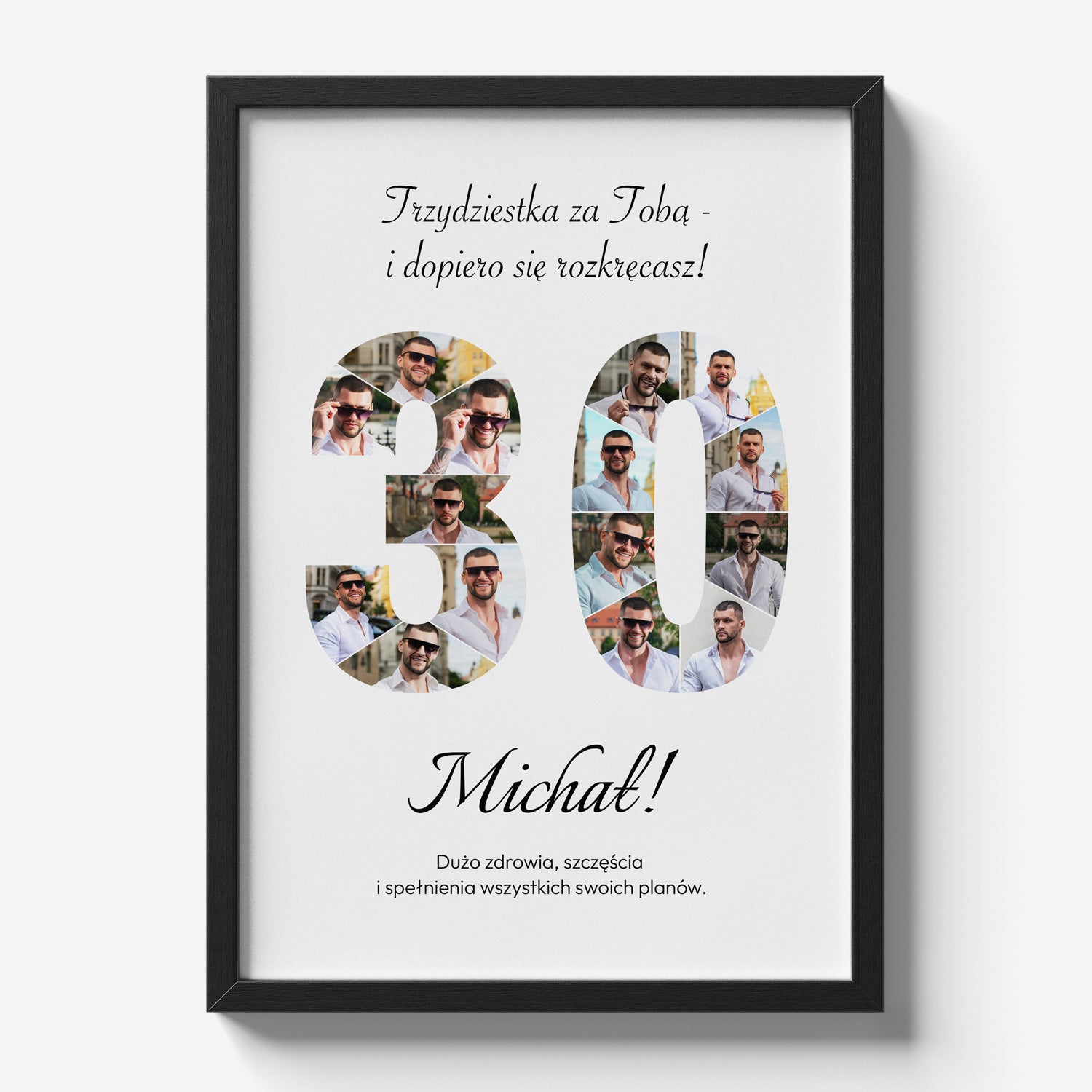 Personalizowany plakat na 30 urodziny w czarnej ramce z 16 zdjęciami i personalizowaną dedykacją - widok produktowy