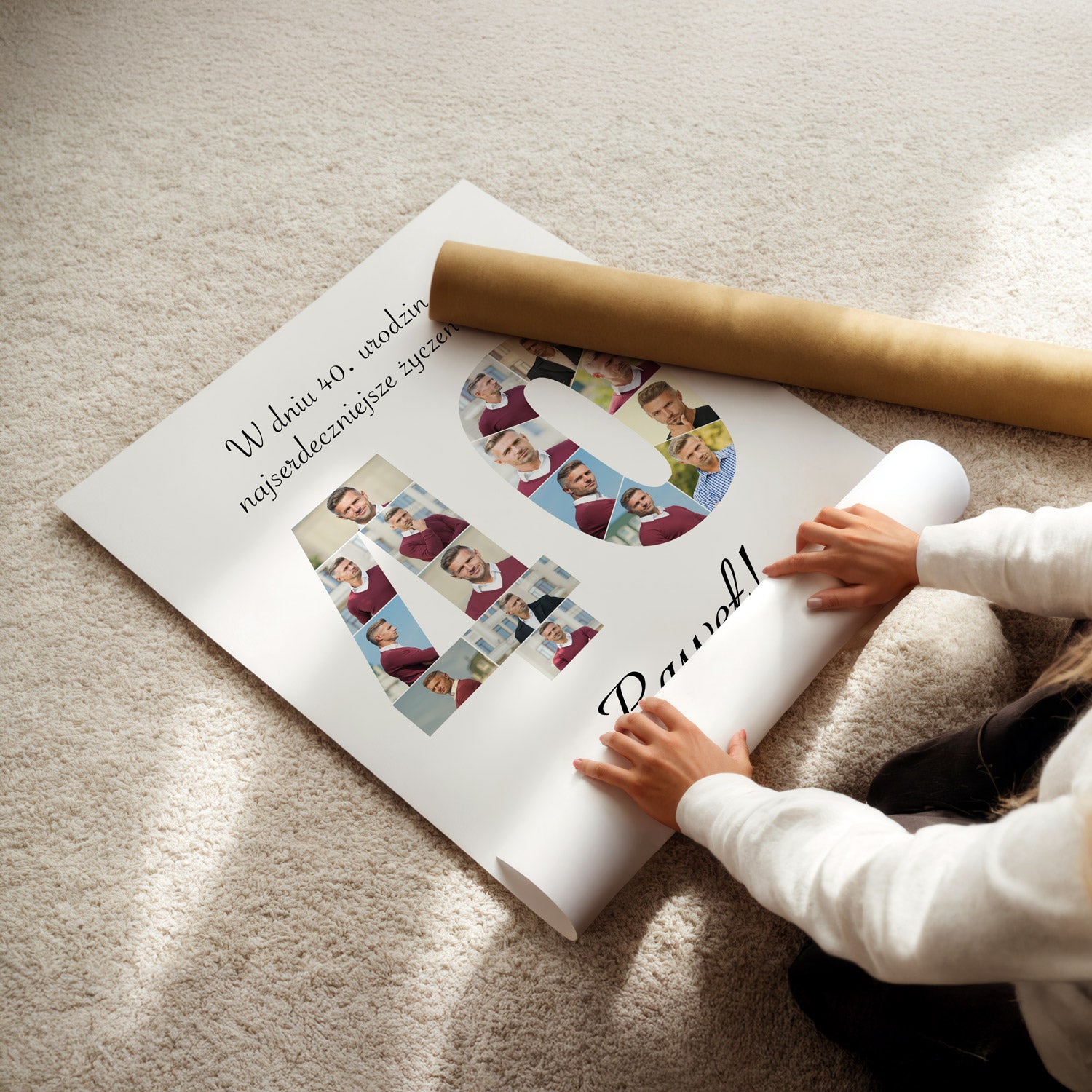 Kolaż urodzinowy 40 ze zdjęciami solenizanta rozwijany z tuby - rolka papieru fotograficznego