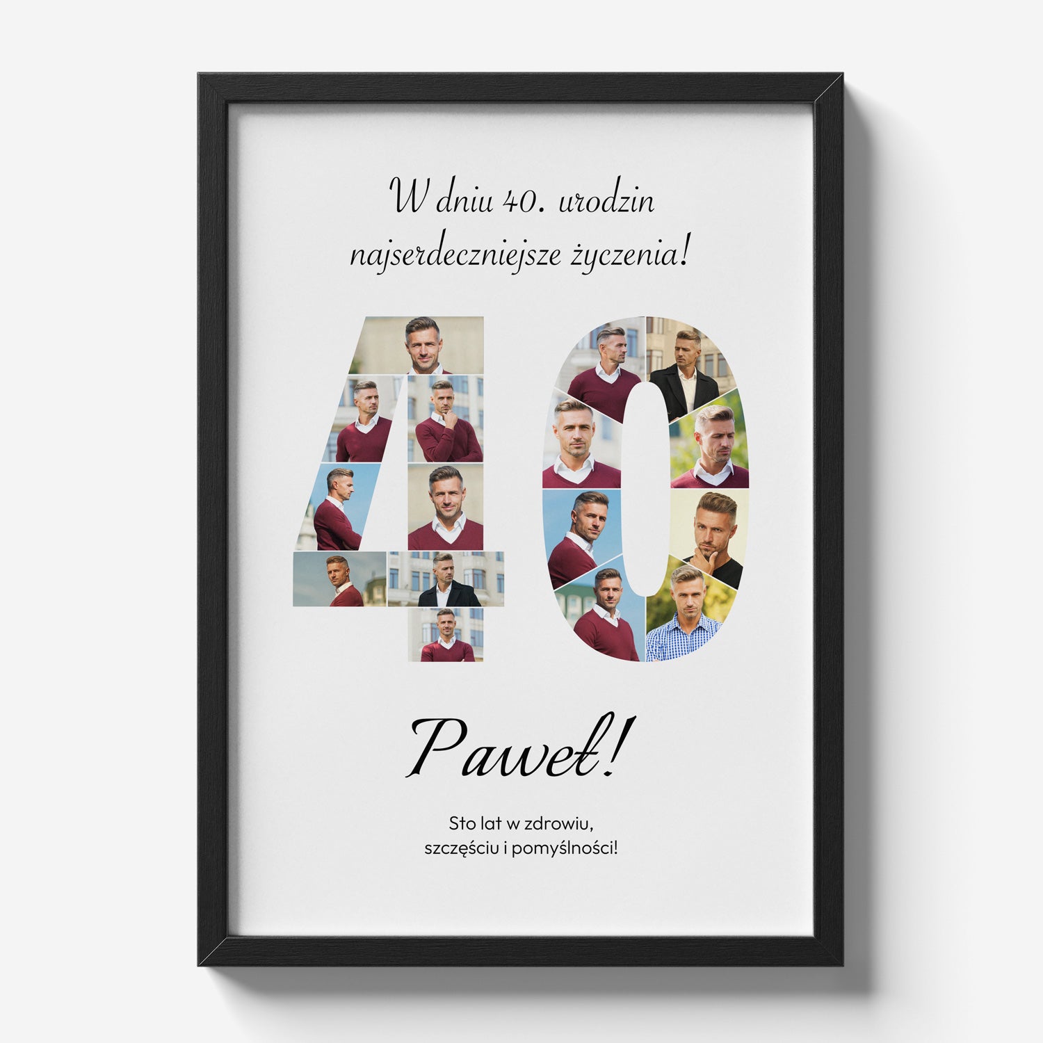 Personalizowany plakat na 40 urodziny w czarnej ramce z 16 zdjęciami i personalizowaną dedykacją - widok produktowy