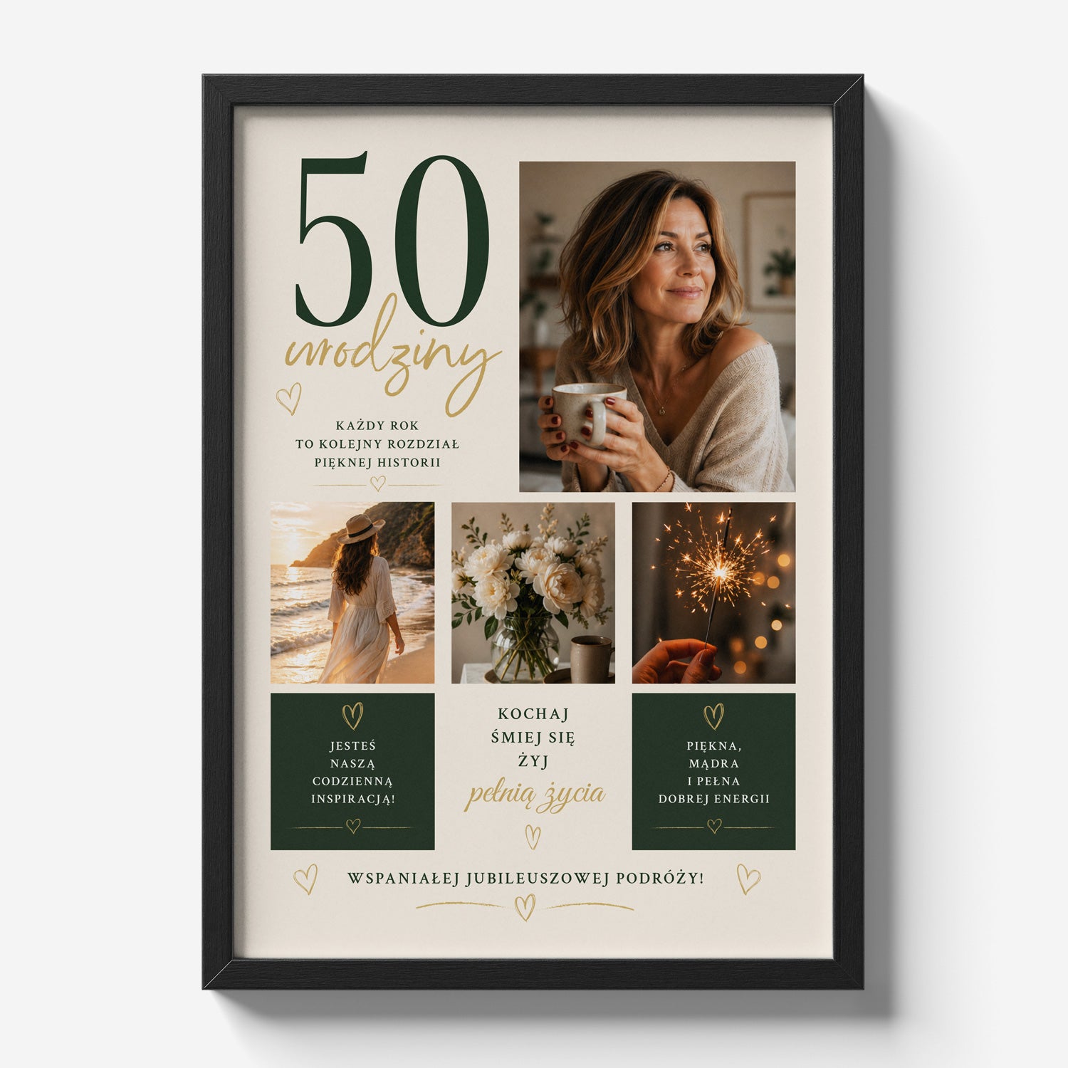 Personalizowany plakat na 50 urodziny dla niej w czarnej ramce - widok frontalny z kolażem 4 zdjęć i dedykacją