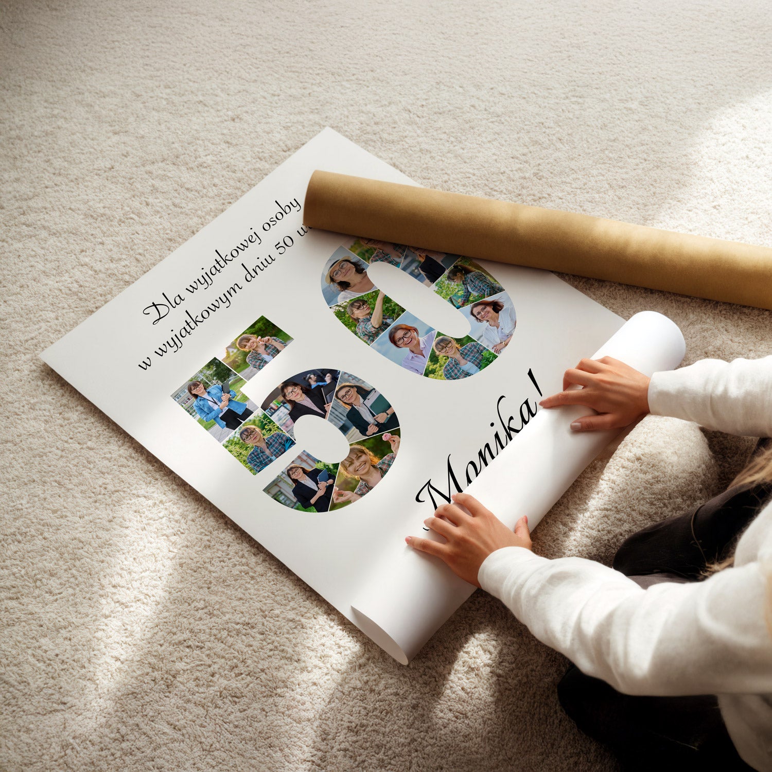 Kolaż urodzinowy 50 ze zdjęciami solenizantki rozwijany z tuby - rolka papieru fotograficznego