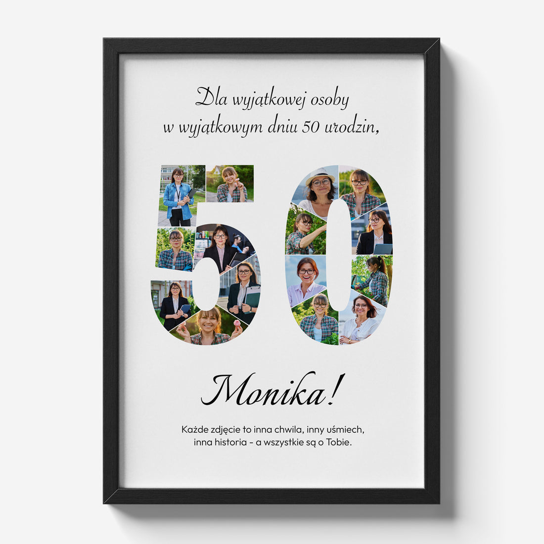 Personalizowany plakat 50 urodziny w czarnej ramce z kolażem zdjęć i dedykacją na białym tle - widok produktowy