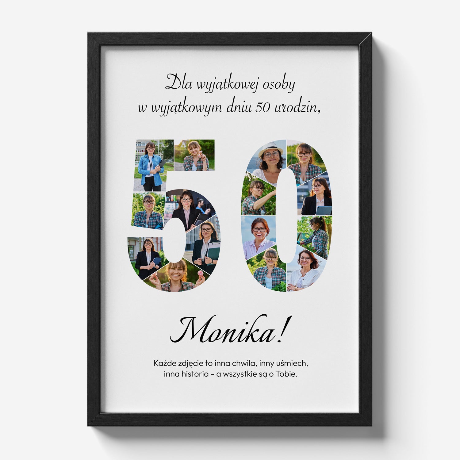 Personalizowany plakat 50 urodziny w czarnej ramce z kolażem zdjęć i dedykacją na białym tle - widok produktowy