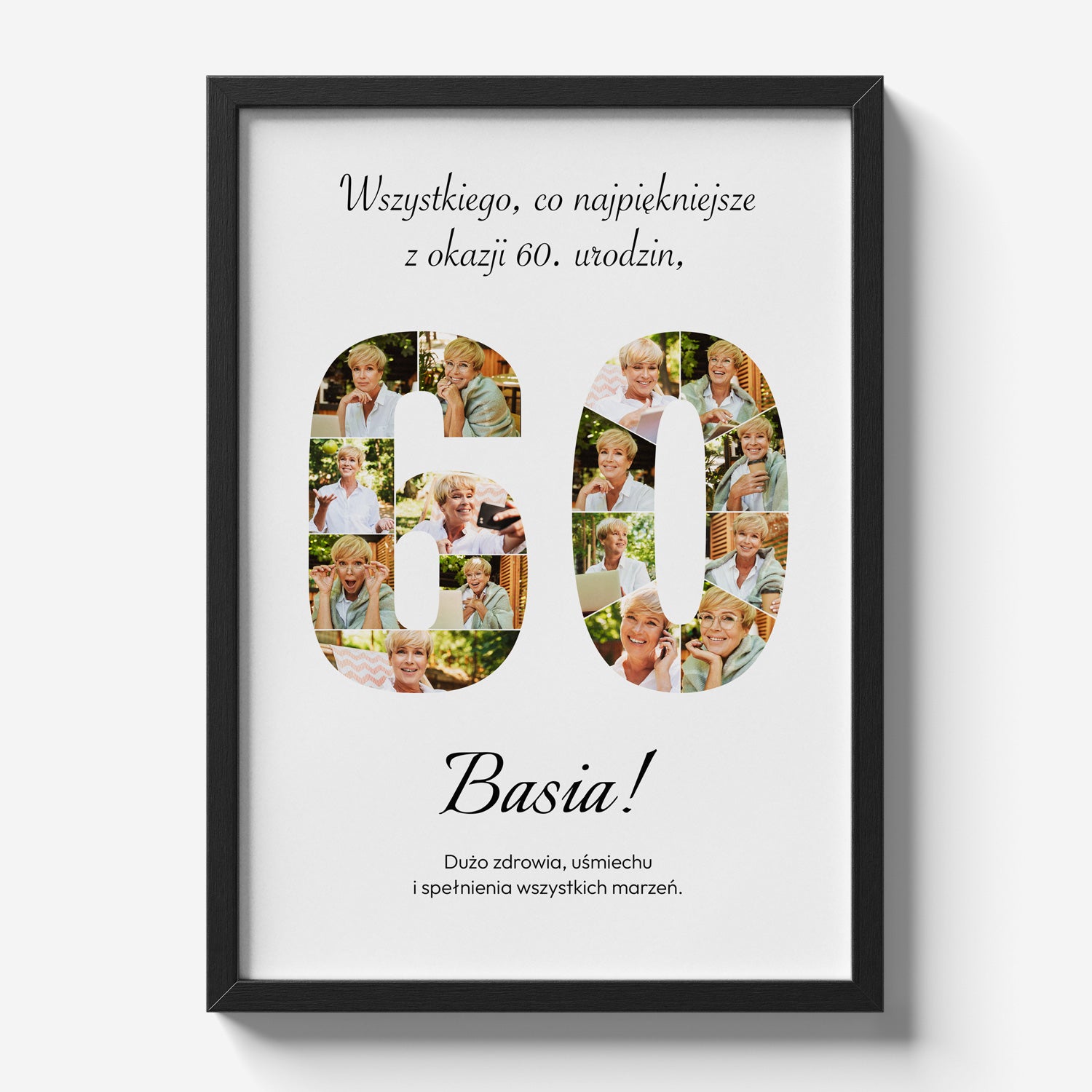 Personalizowany plakat na 60 urodziny w czarnej ramce z 16 zdjęciami w kształcie cyfry 60 i imieniem Basia - widok produktowy