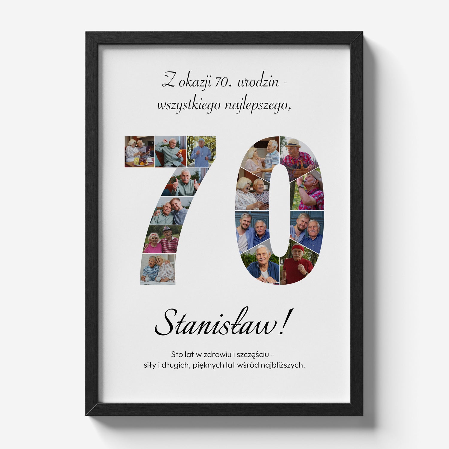 Personalizowany plakat na 70 urodziny w czarnej ramce z 16 zdjęciami i imieniem Stanisław - widok produktowy