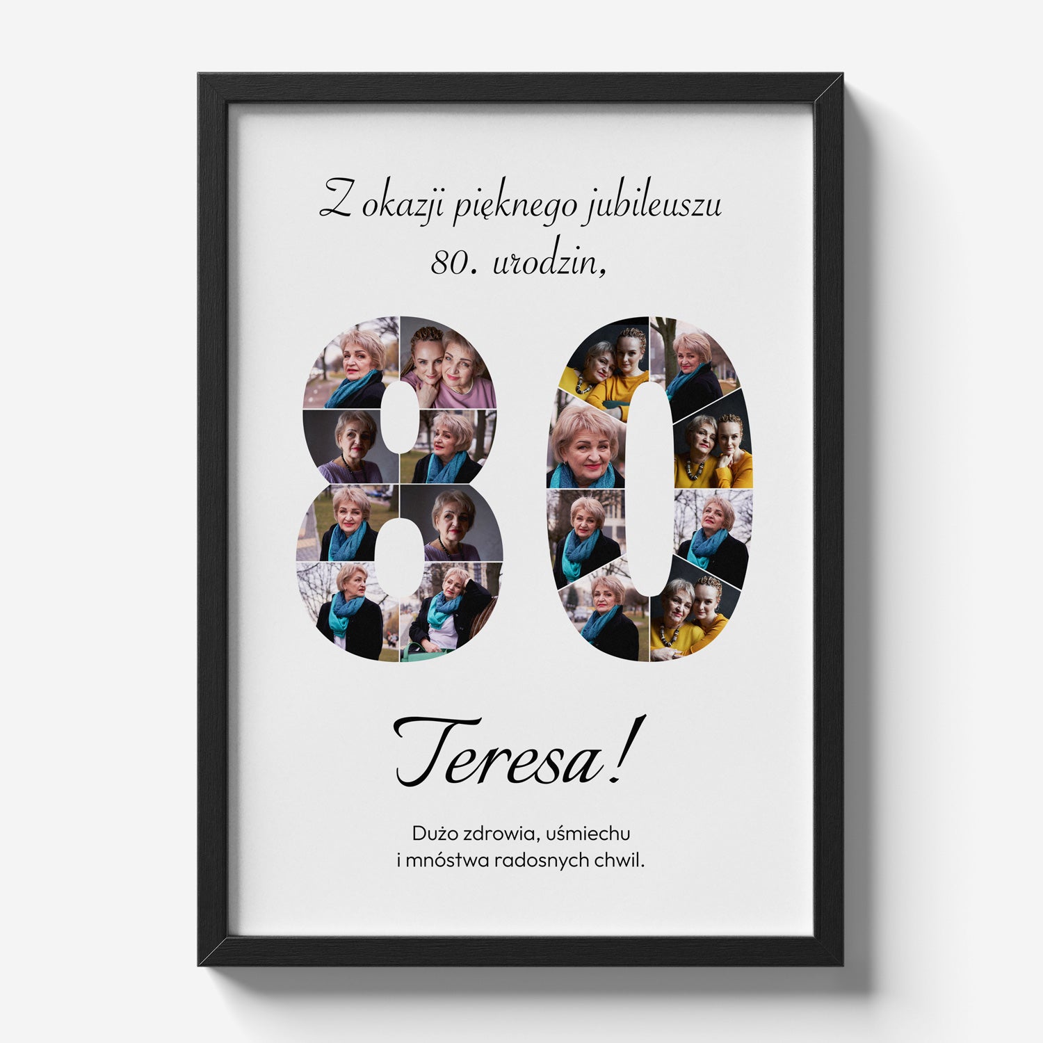 Personalizowany plakat na 80 urodziny w czarnej ramce z 16 zdjęciami
