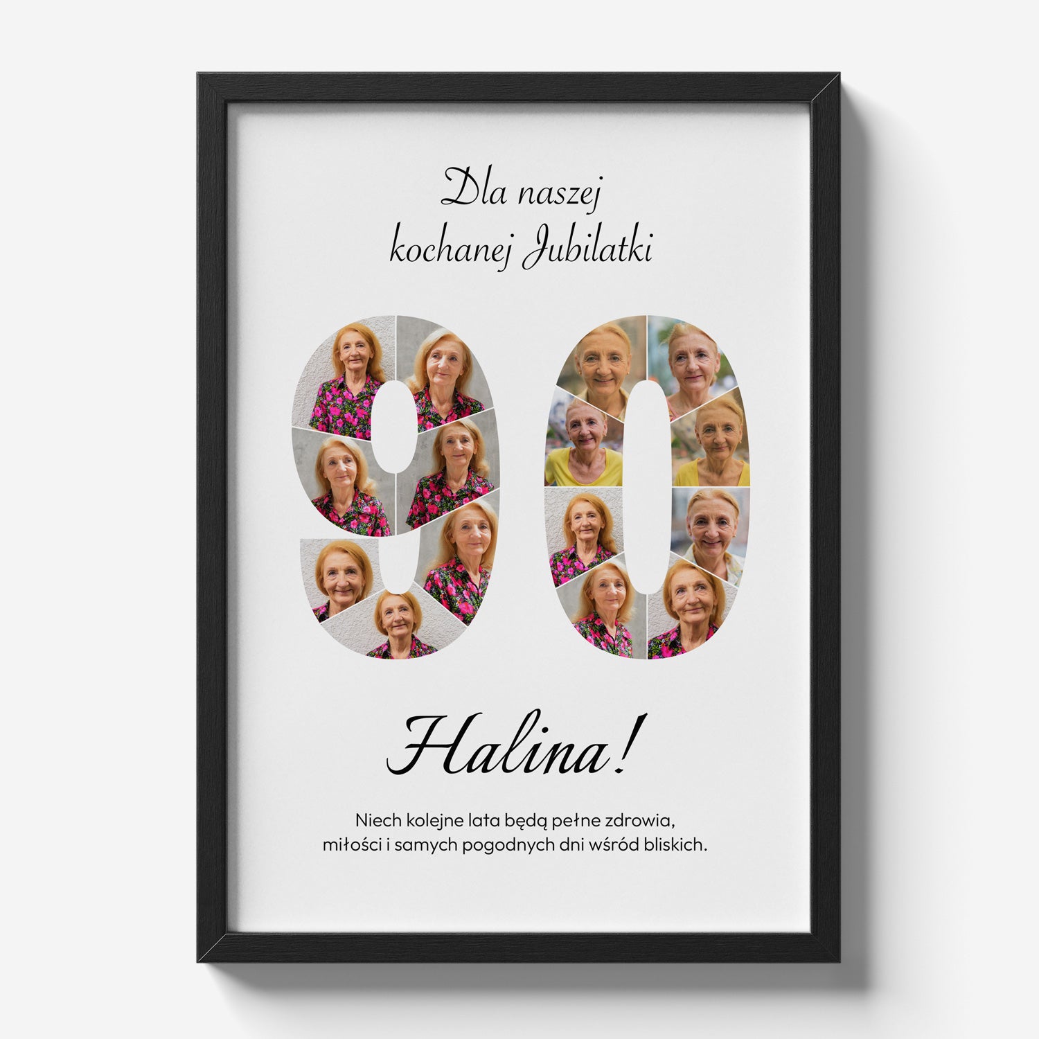 Personalizowany plakat na 90 urodziny w czarnej ramce z 16 zdjęciami i personalizowaną dedykacją - widok produktowy