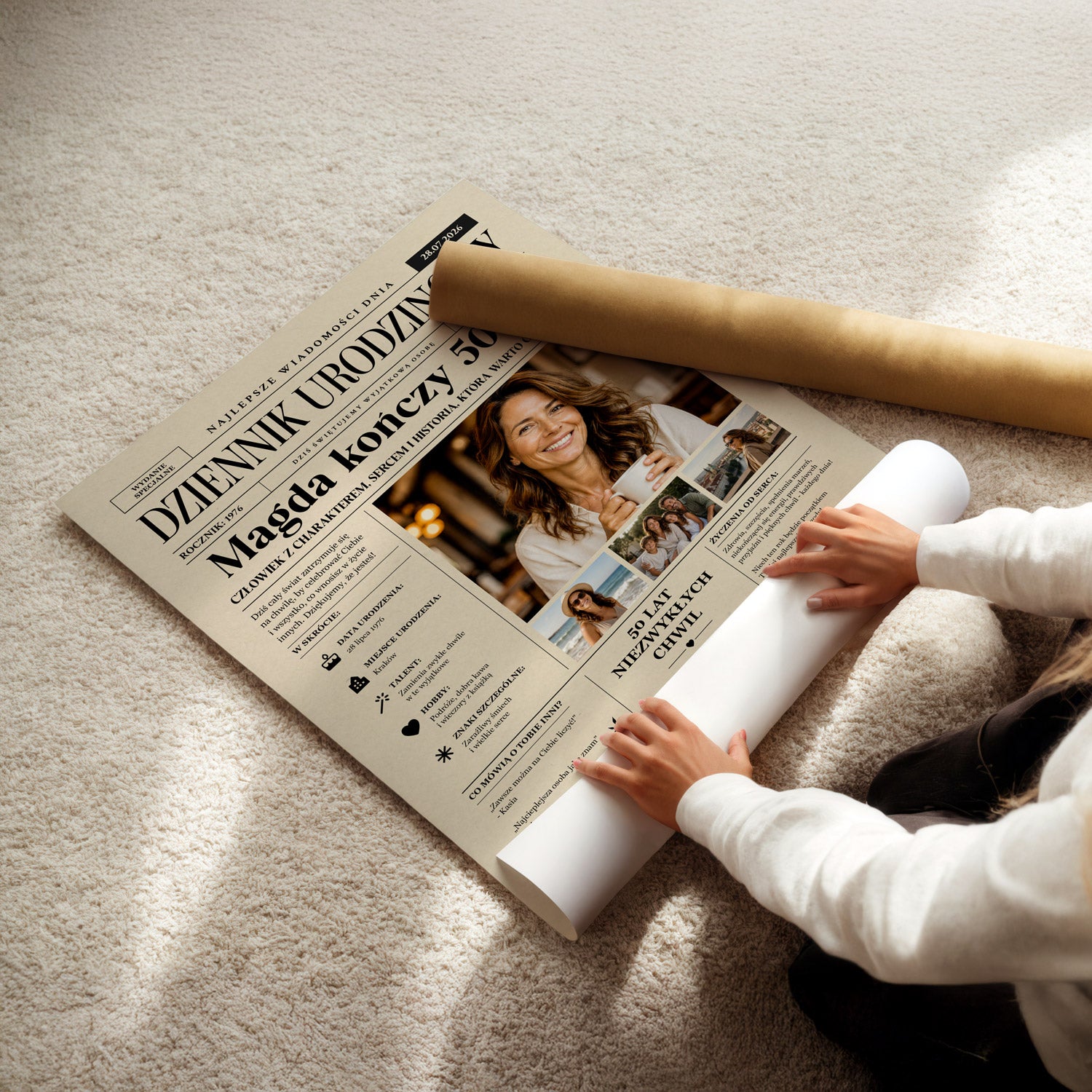 Plakat urodzinowy w stylu gazety rozwijany z ochronnego opakowania, widok papieru fotograficznego