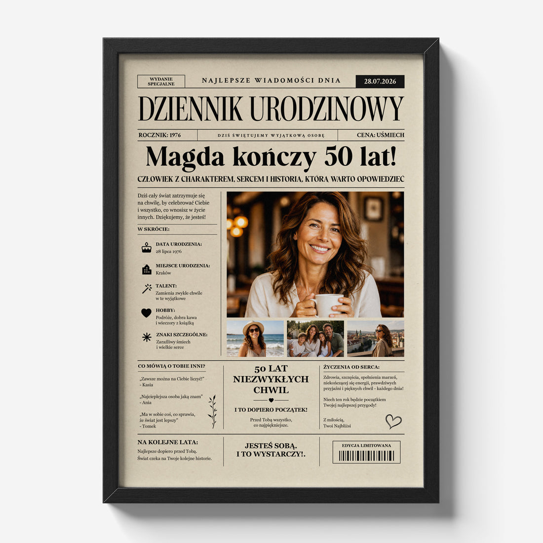 Personalizowany plakat urodzinowy w stylu dziennika gazetowego w czarnej ramce - widok frontalny z imieniem, rocznikiem i zdjęciami