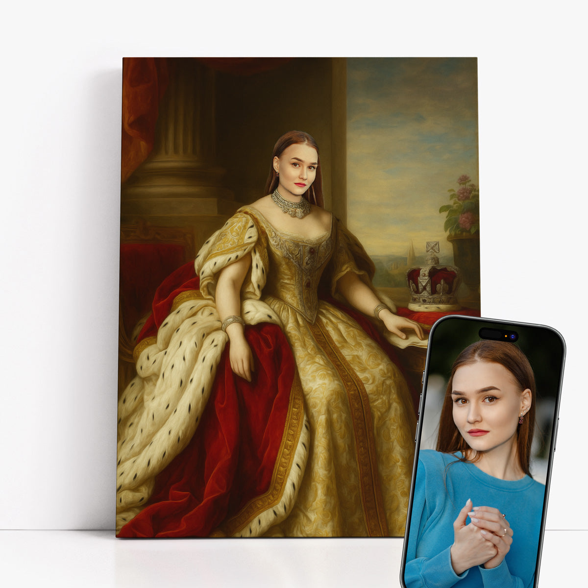 portret królowej na tronie z Twojego zdjęcia – obraz na płótnie w stylu królewskim