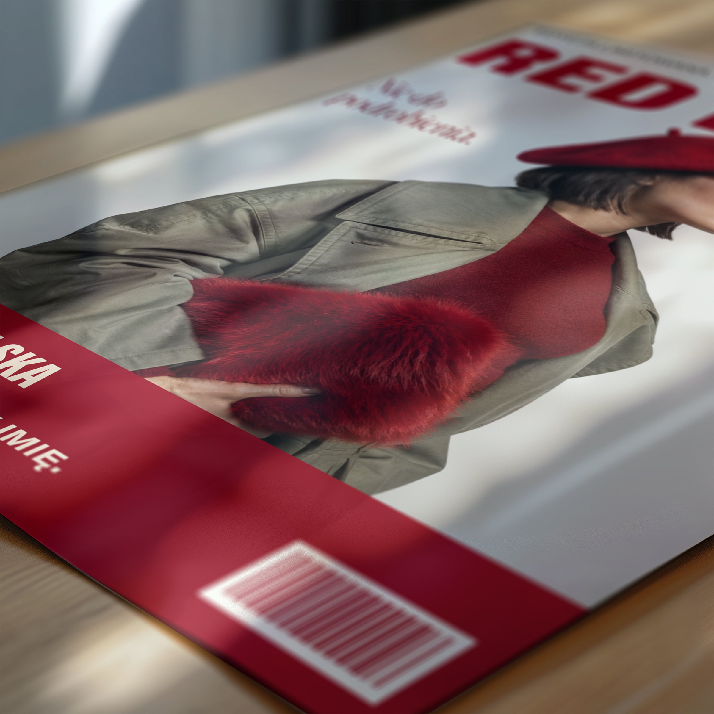 Personalizowany plakat RED REBEL — NIE DO PODROBIENIA w zbliżeniu pokazującym portret i napisy, z własnym portretem, imieniem i napisami na okładce magazynu.