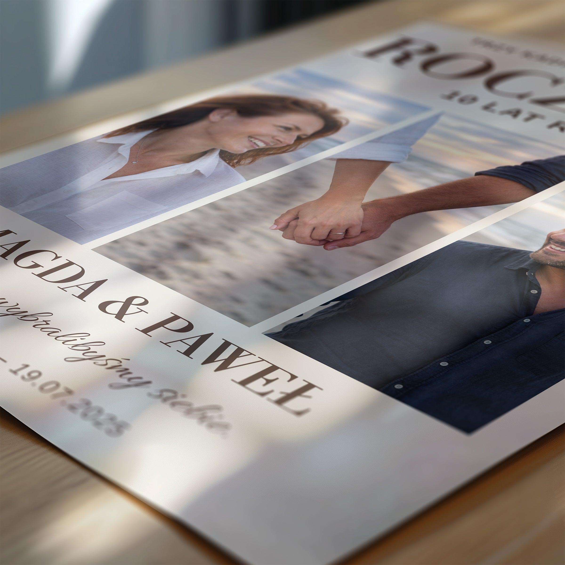 Personalizowany plakat ROCZNICA W KADRACH w zbliżeniu pokazującym nadruk i typografię, z własnym zdjęciem i tekstem | C-PL-HEART-29-2130-NF