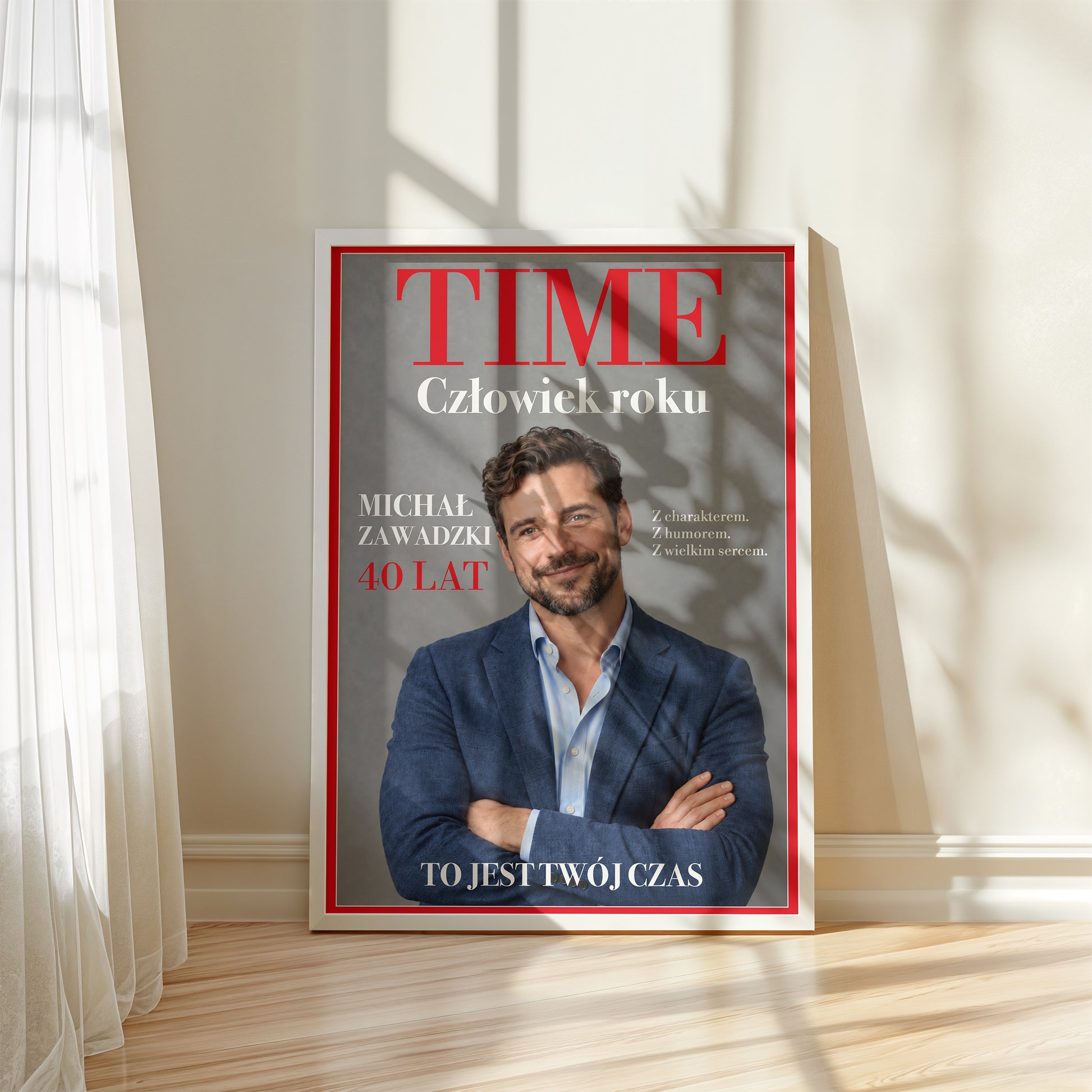 Personalizowany plakat TIME w białej ramce przy oknie, z własnym zdjęciem i tekstem | C-PL-COVMAG-17-2130-NF