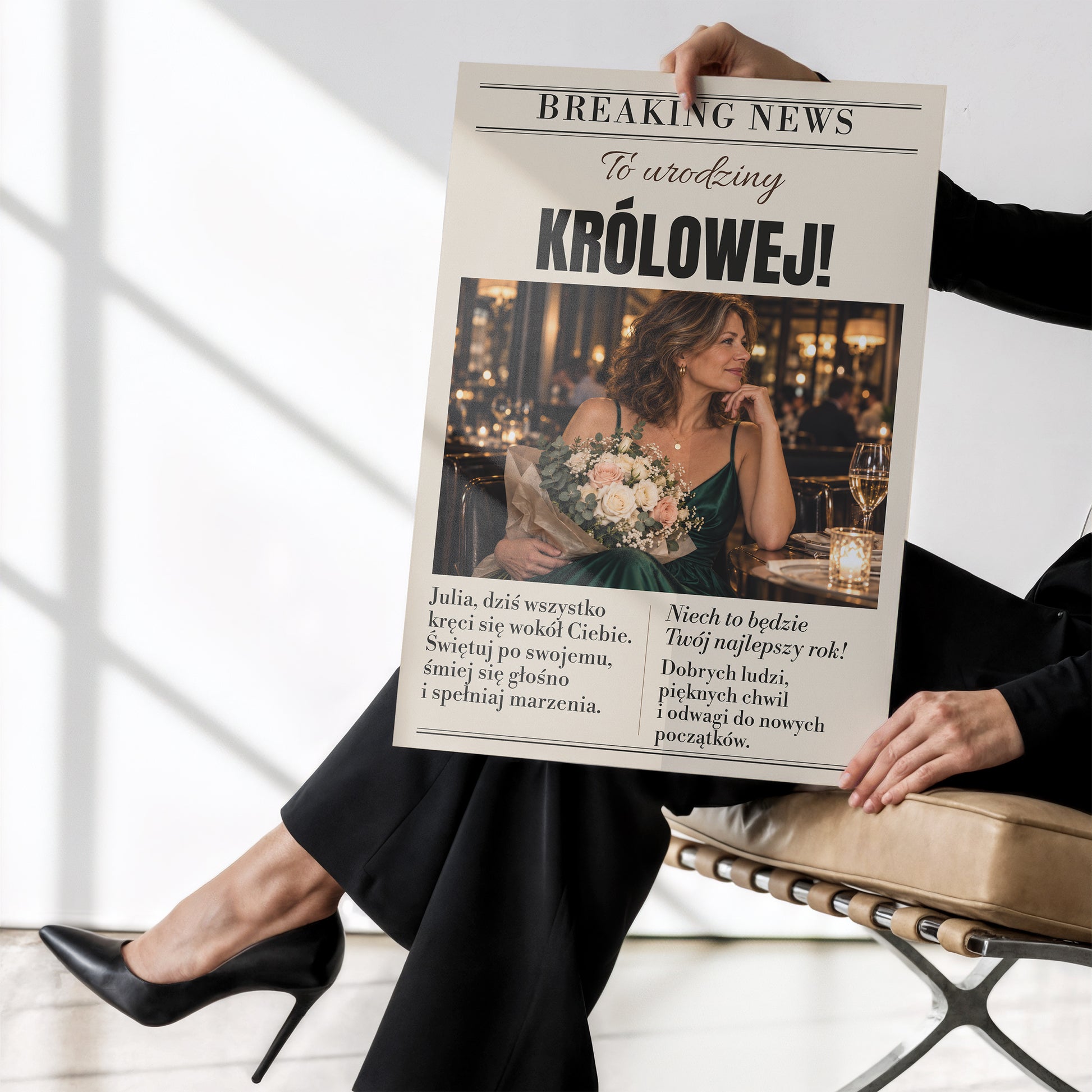 Personalizowany plakat URODZINY KRÓLOWEJ bez ramki trzymany w dłoniach, z własnym zdjęciem i tekstem | C-PL-GAZ-12-2130-NF