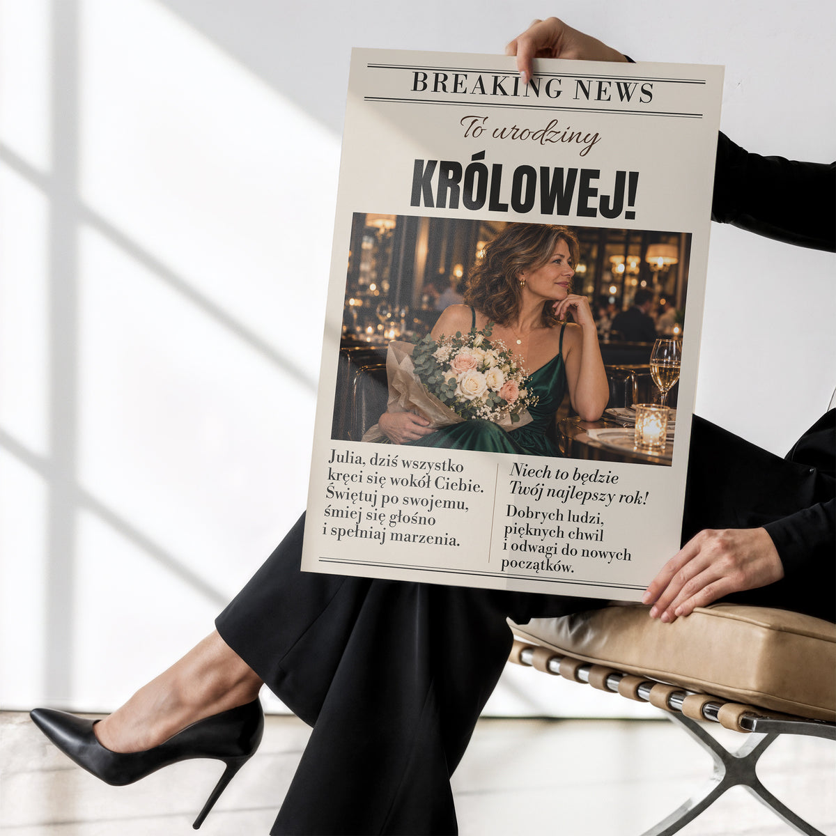 Personalizowany plakat URODZINY KRÓLOWEJ bez ramki trzymany w dłoniach, z własnym zdjęciem i tekstem | C-PL-GAZ-12-2130-NF