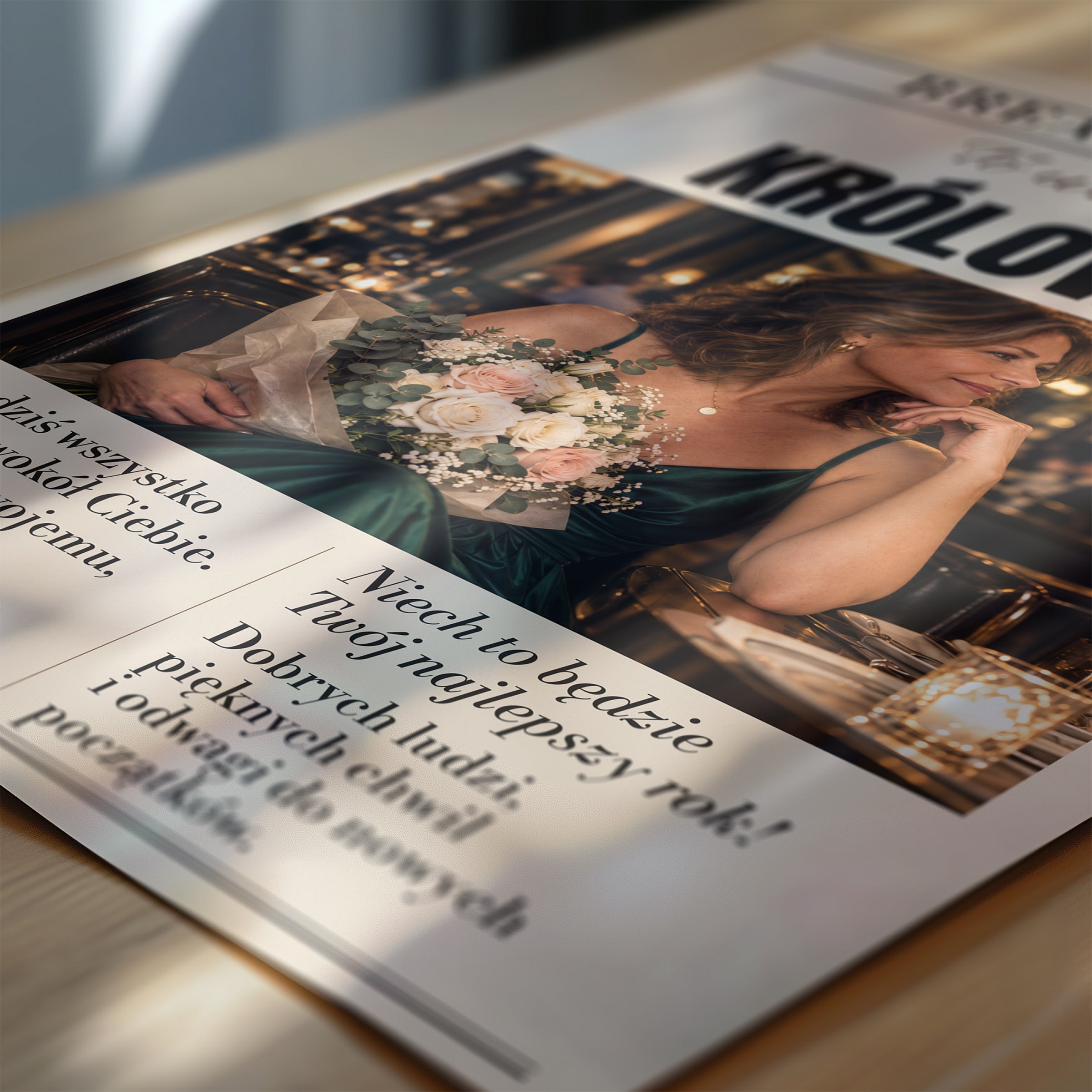 Personalizowany plakat URODZINY KRÓLOWEJ w zbliżeniu pokazującym nadruk i typografię, z własnym zdjęciem i tekstem | C-PL-GAZ-12-2130-NF