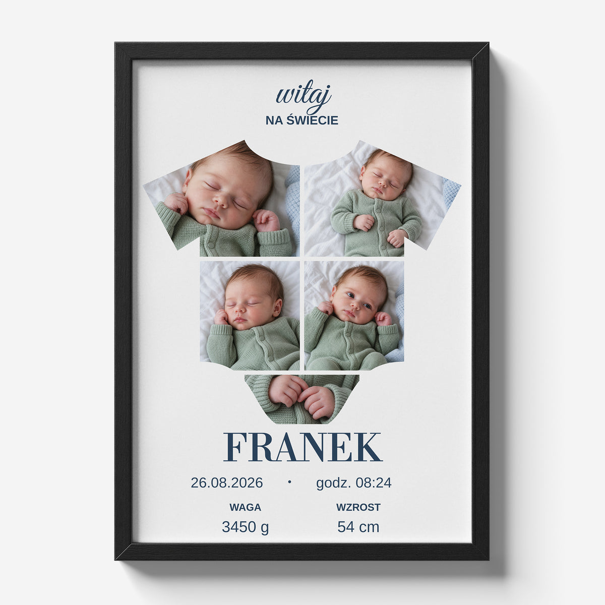 Personalizowany plakat Witaj Na Świecie w czarnej ramce 21×30 na jasnym tle Marami, z własnym zdjęciem i tekstem | C-PL-BABY-2-2130-NF