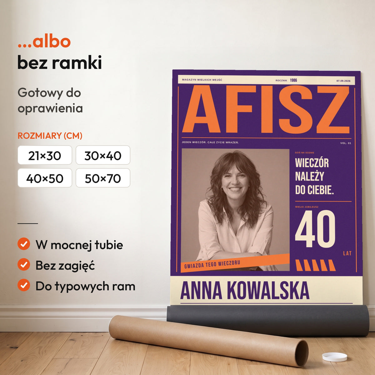 AFISZ — plakat bez ramki, gotowy do oprawienia: rozwinięty z rolki, obok tuba do wysyłki. C-PL-COVMAG-8-2130-NF