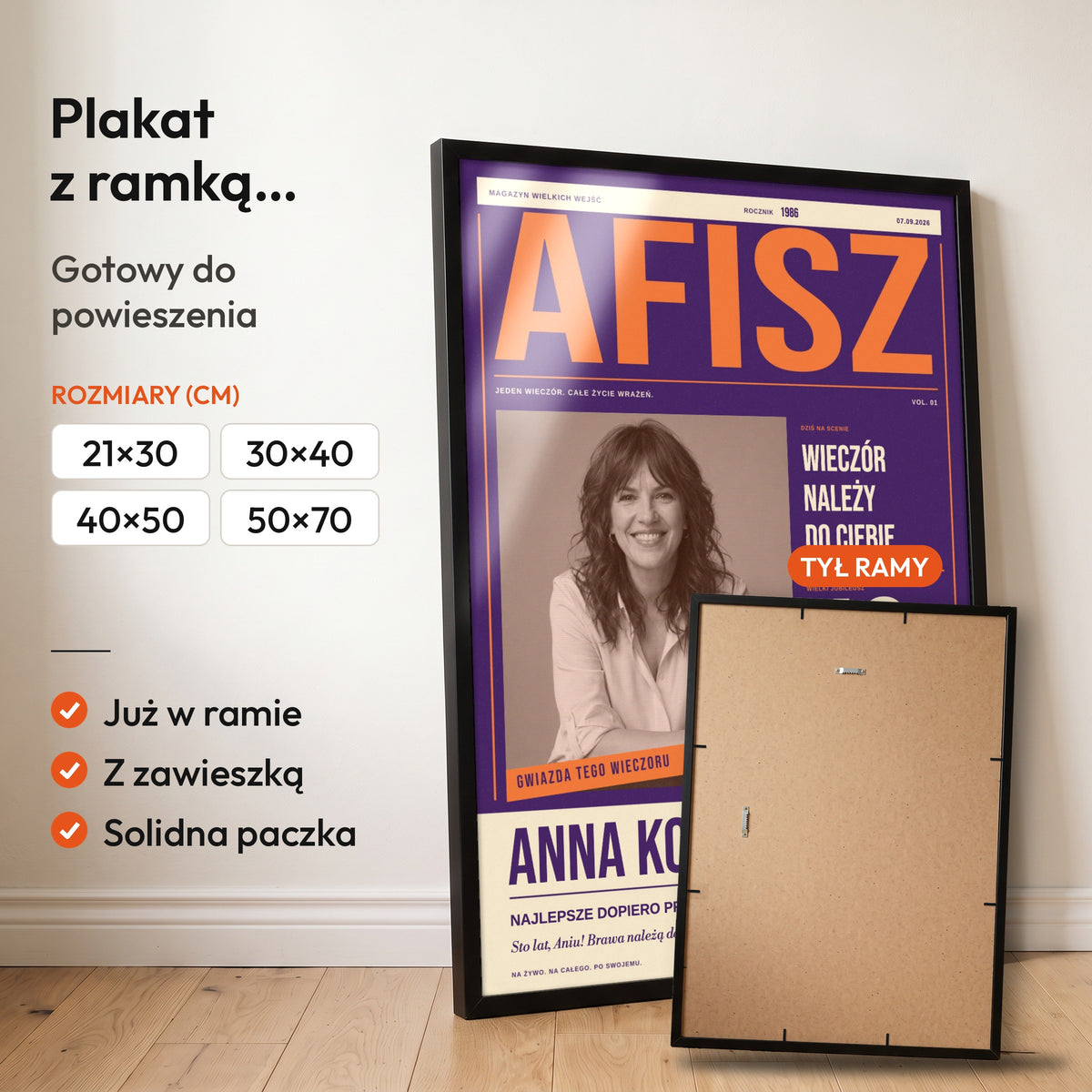 AFISZ — plakat z ramką, gotowy do powieszenia: czarna rama od przodu i tył ramy z zawieszką. C-PL-COVMAG-8-2130-NF