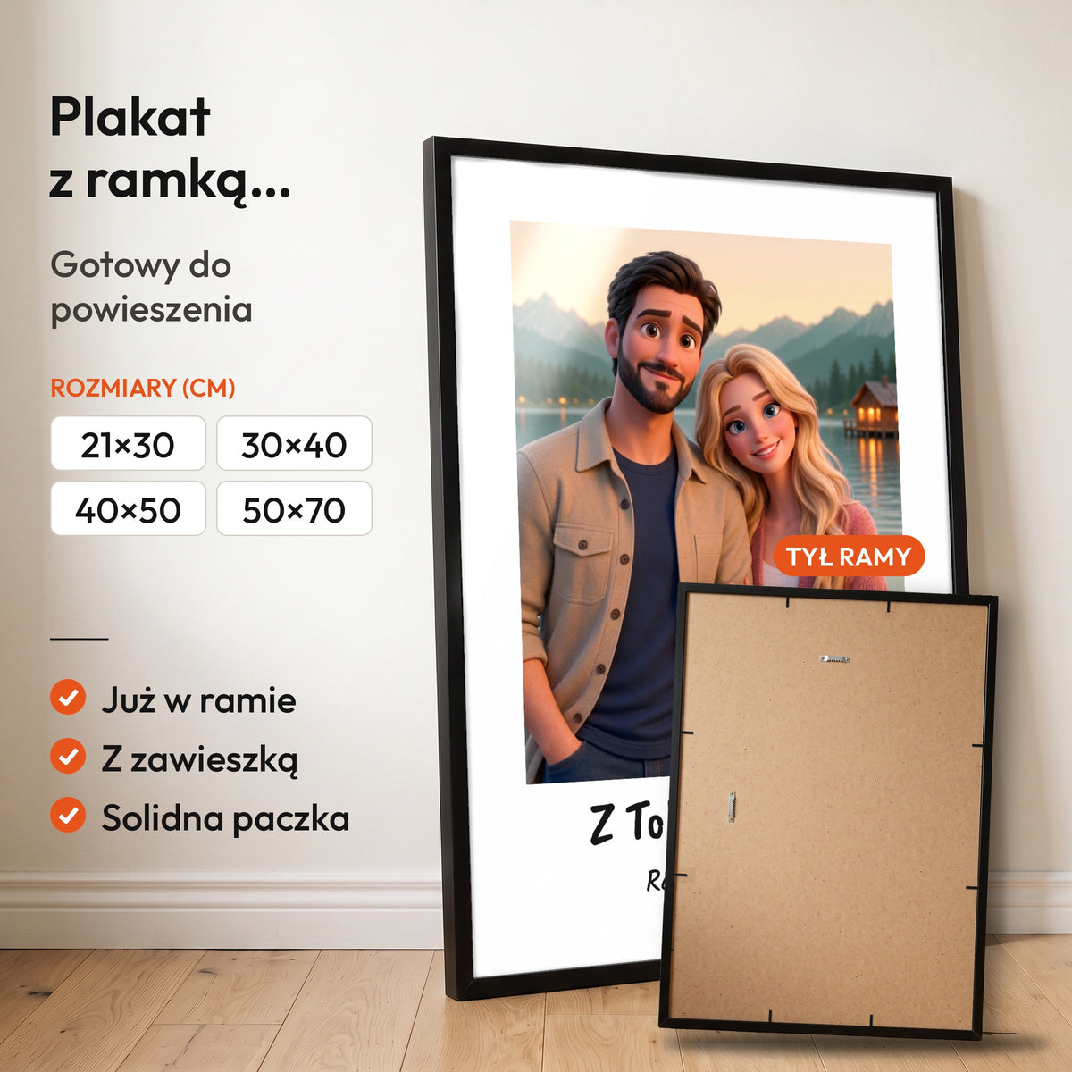 Z Tobą Najlepiej — plakat z ramką, gotowy do powieszenia: czarna rama od przodu i tył ramy z zawieszką. C-PL-BAJKA-DOUB-01-2130-NF