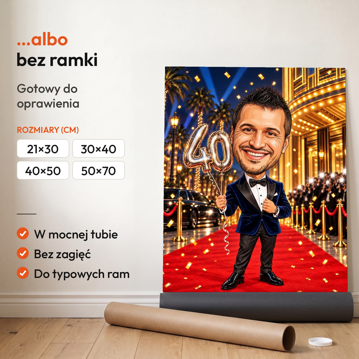Gwiazda Czerwonego Dywanu — plakat bez ramki, gotowy do oprawienia: rozwinięty z rolki, obok tuba do wysyłki. C-PL-KAR-17-2130-NF