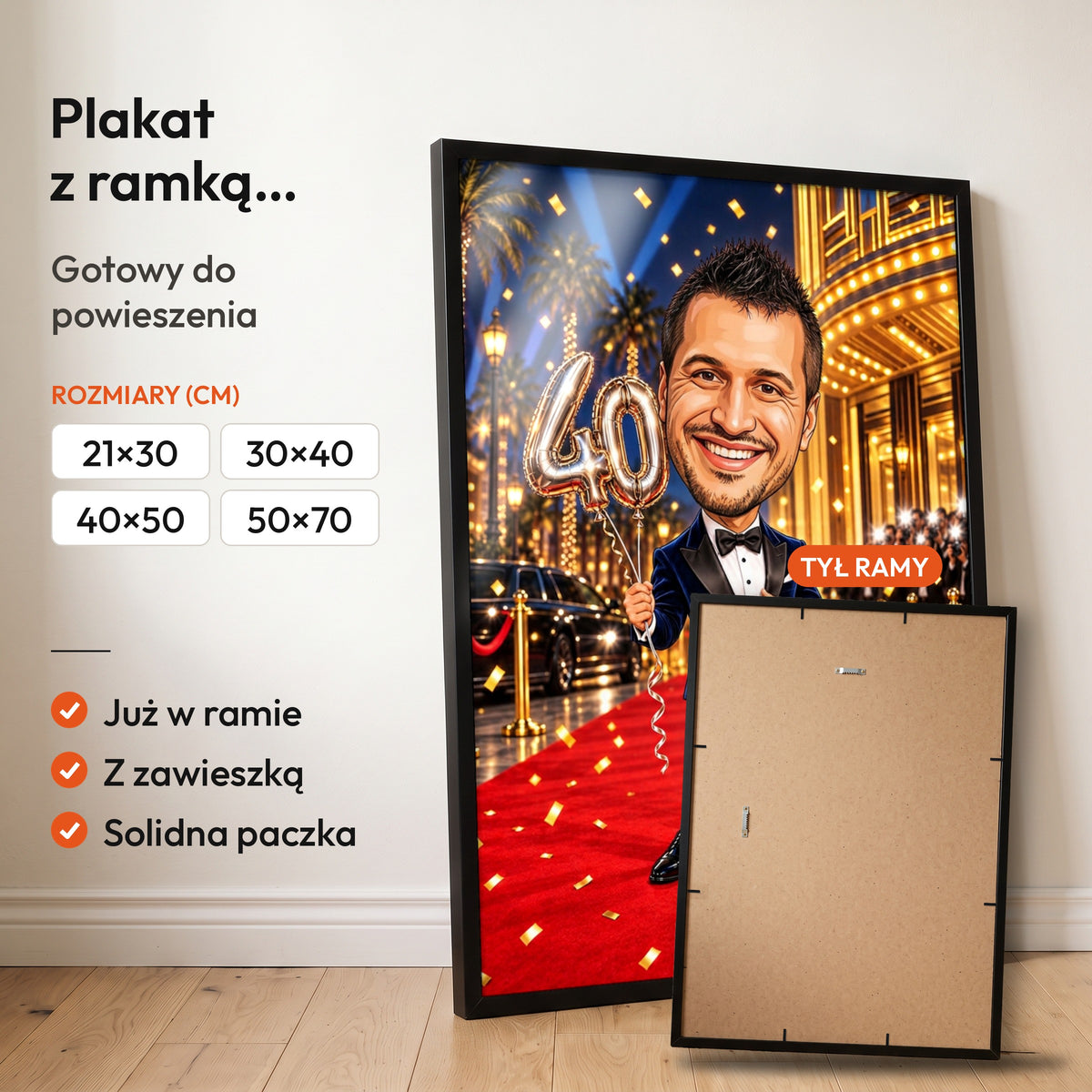 Gwiazda Czerwonego Dywanu — plakat z ramką, gotowy do powieszenia: czarna rama od przodu i tył ramy z zawieszką. C-PL-KAR-17-2130-NF