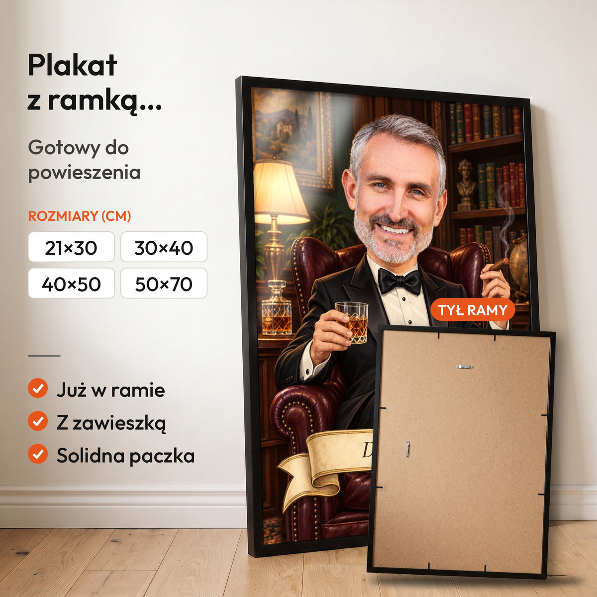 Don — plakat z ramką, gotowy do powieszenia: czarna rama od przodu i tył ramy z zawieszką. C-PL-KAR-09-2130-NF