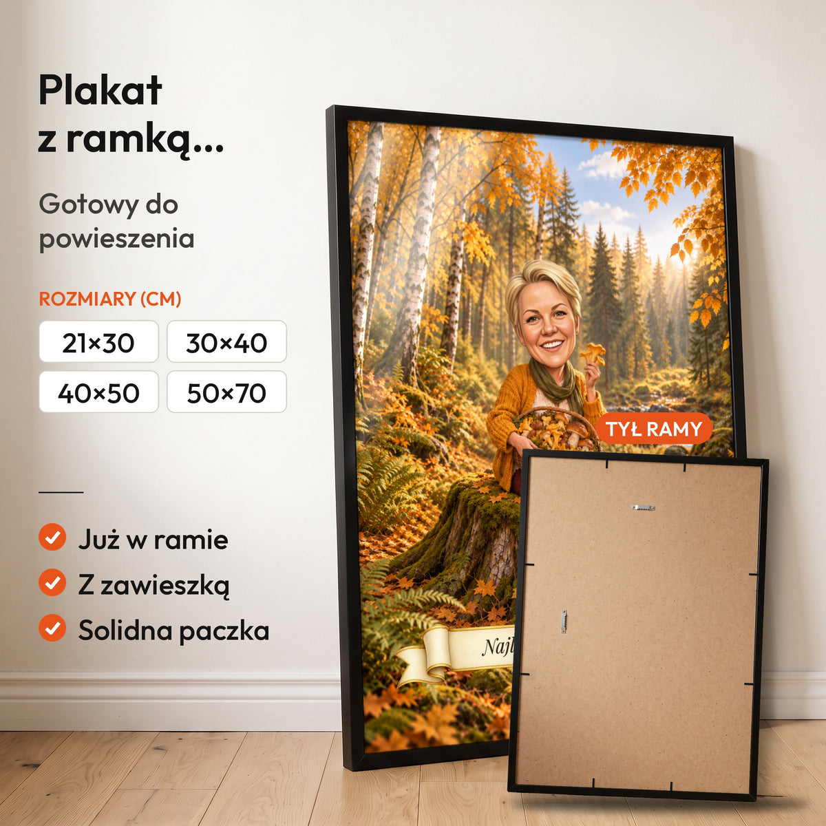 Grzybiarka — plakat z ramką, gotowy do powieszenia: czarna rama od przodu i tył ramy z zawieszką. C-PL-KAR-11-2130-NF