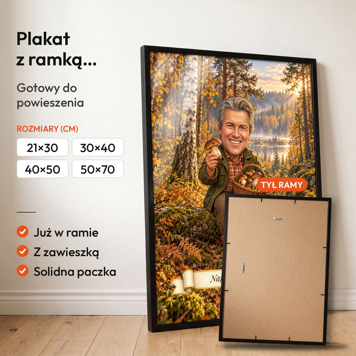 Grzybiarz — plakat z ramką, gotowy do powieszenia: czarna rama od przodu i tył ramy z zawieszką. C-PL-KAR-10-2130-NF