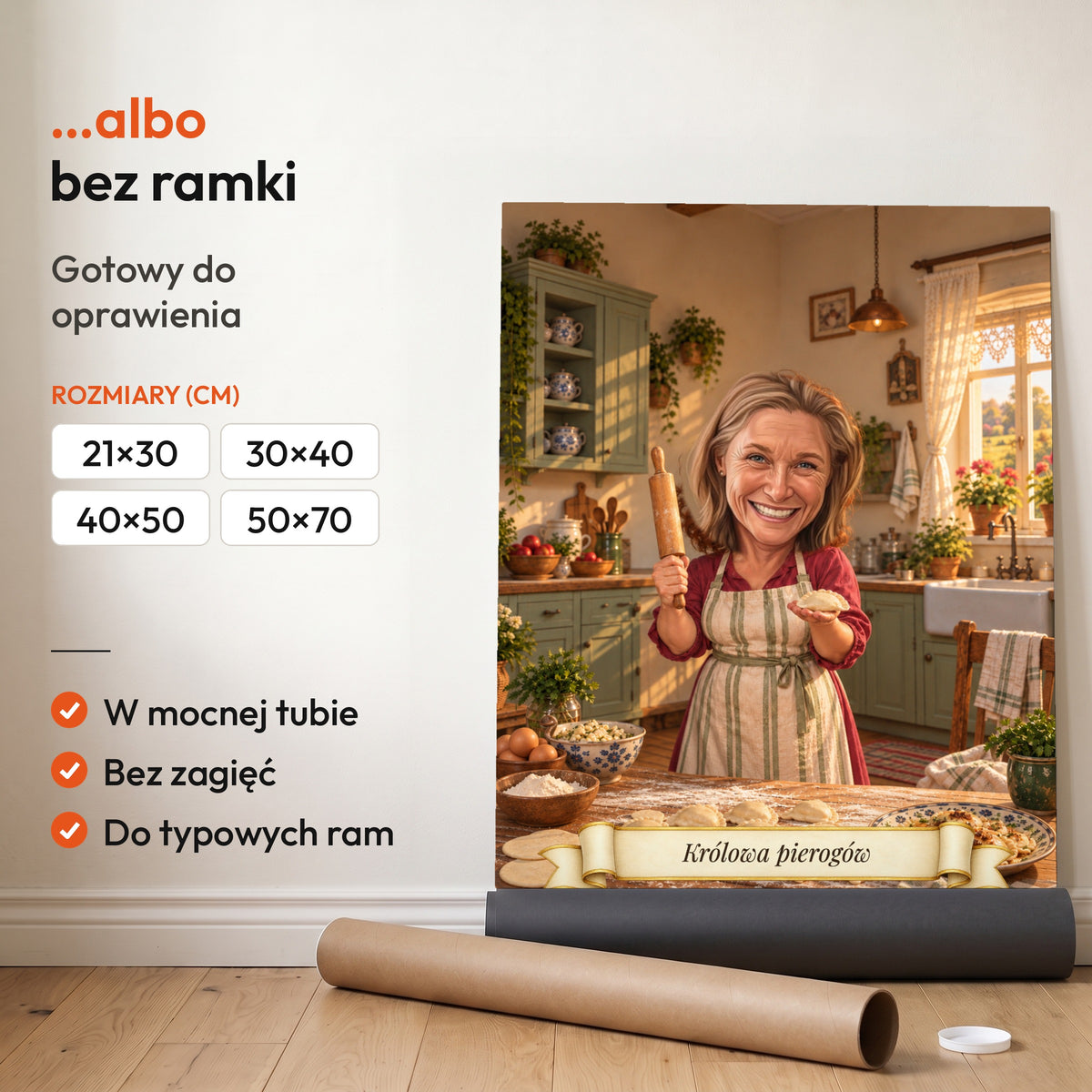 Królowa Pierogów — plakat bez ramki, gotowy do oprawienia: rozwinięty z rolki, obok tuba do wysyłki. C-PL-KAR-16-2130-NF
