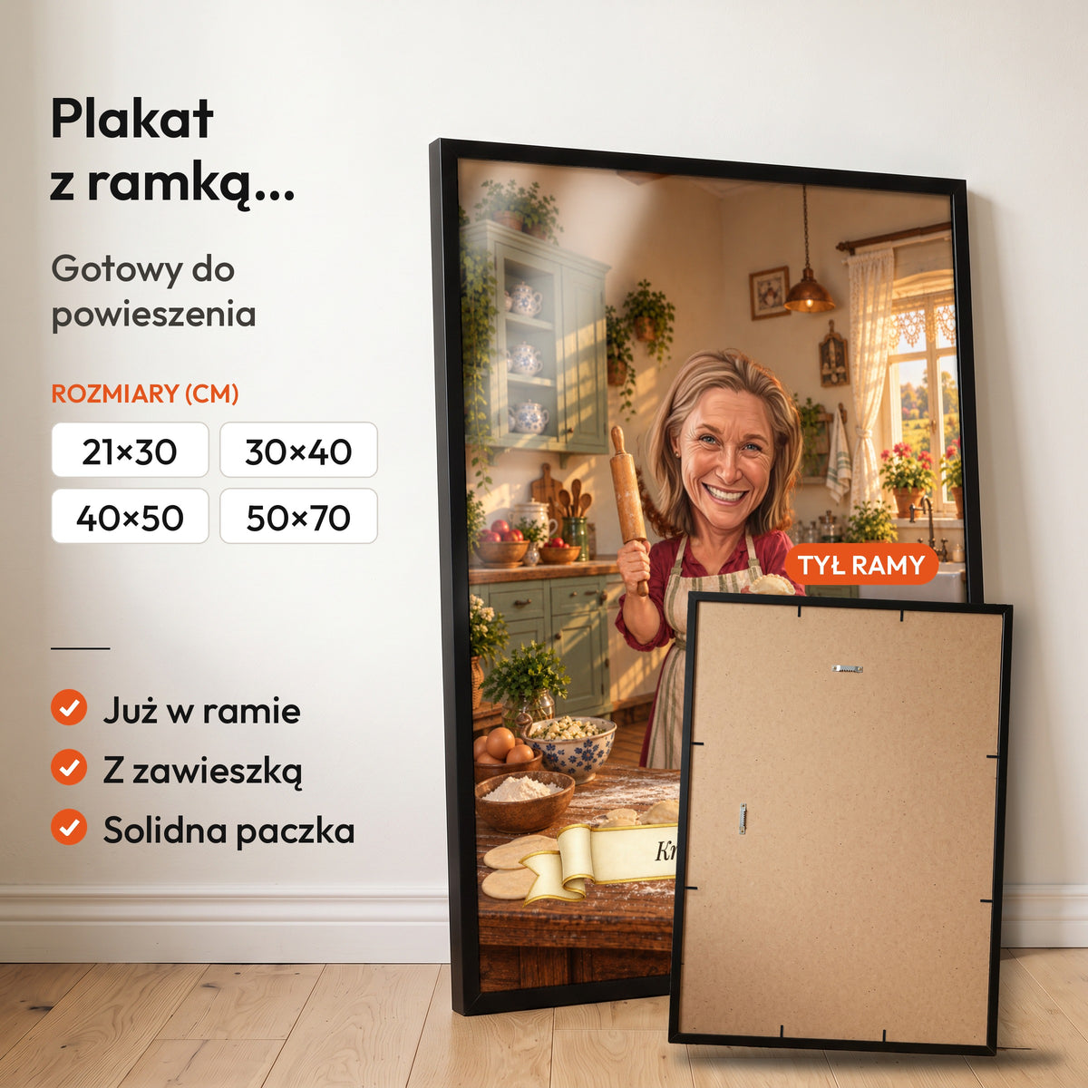 Królowa Pierogów — plakat z ramką, gotowy do powieszenia: czarna rama od przodu i tył ramy z zawieszką. C-PL-KAR-16-2130-NF