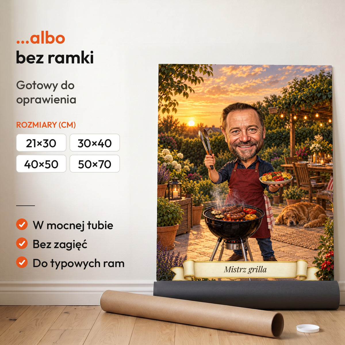 Mistrz Grilla — plakat bez ramki, gotowy do oprawienia: rozwinięty z rolki, obok tuba do wysyłki. C-PL-KAR-14-2130-NF