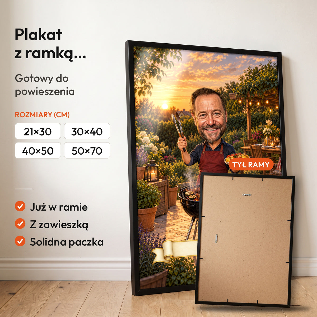 Mistrz Grilla — plakat z ramką, gotowy do powieszenia: czarna rama od przodu i tył ramy z zawieszką. C-PL-KAR-14-2130-NF