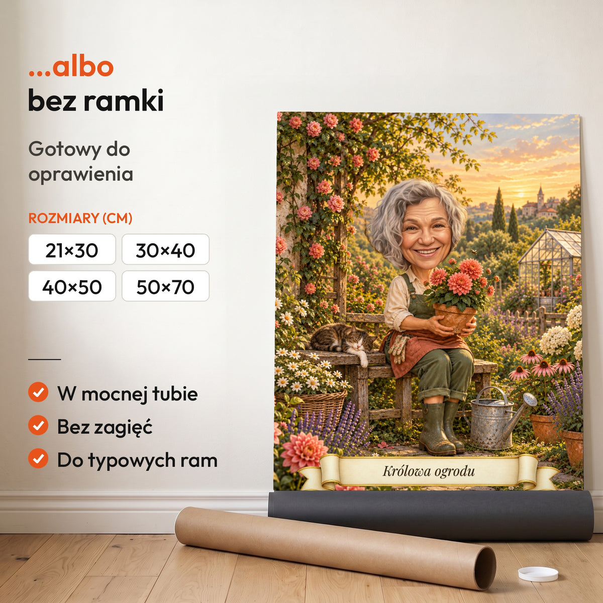 Ogrodniczka — plakat bez ramki, gotowy do oprawienia: rozwinięty z rolki, obok tuba do wysyłki. C-PL-KAR-13-2130-NF