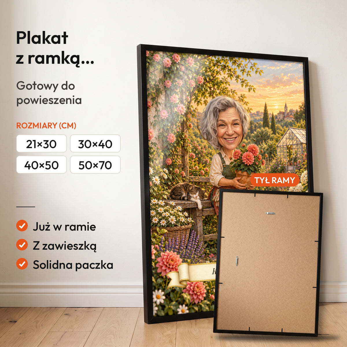 Ogrodniczka — plakat z ramką, gotowy do powieszenia: czarna rama od przodu i tył ramy z zawieszką. C-PL-KAR-13-2130-NF