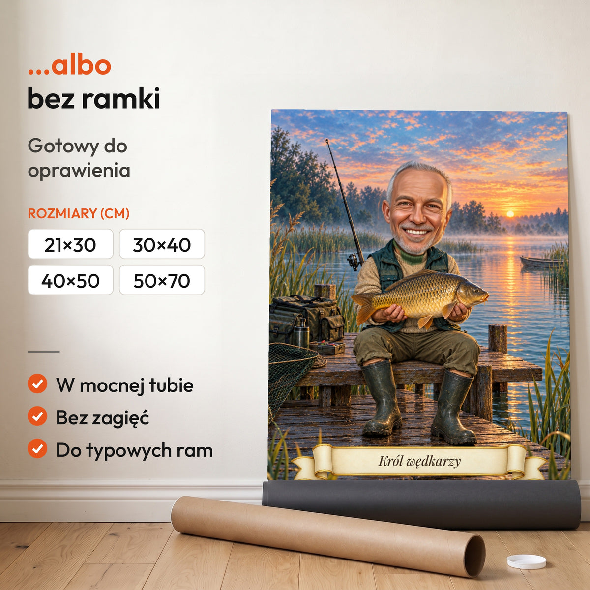 Wędkarz — plakat bez ramki, gotowy do oprawienia: rozwinięty z rolki, obok tuba do wysyłki. C-PL-KAR-12-2130-NF