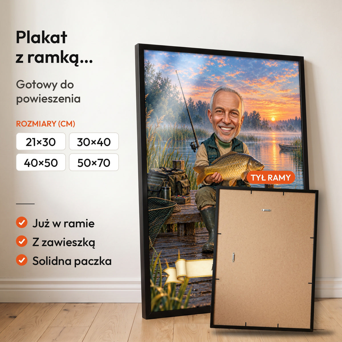 Wędkarz — plakat z ramką, gotowy do powieszenia: czarna rama od przodu i tył ramy z zawieszką. C-PL-KAR-12-2130-NF