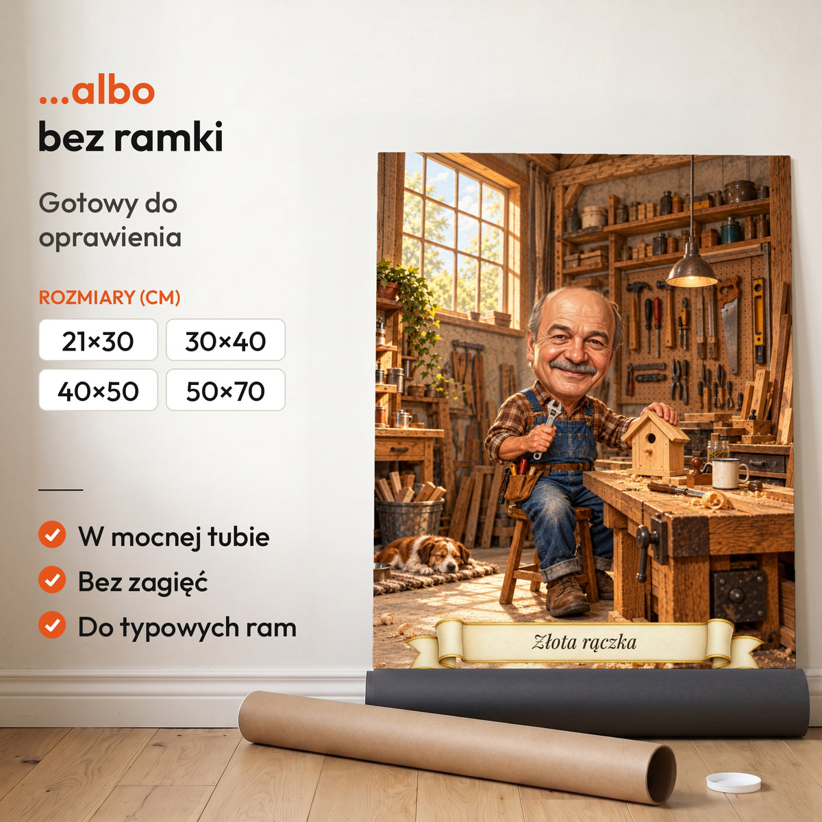 Złota Rączka — plakat bez ramki, gotowy do oprawienia: rozwinięty z rolki, obok tuba do wysyłki. C-PL-KAR-15-2130-NF