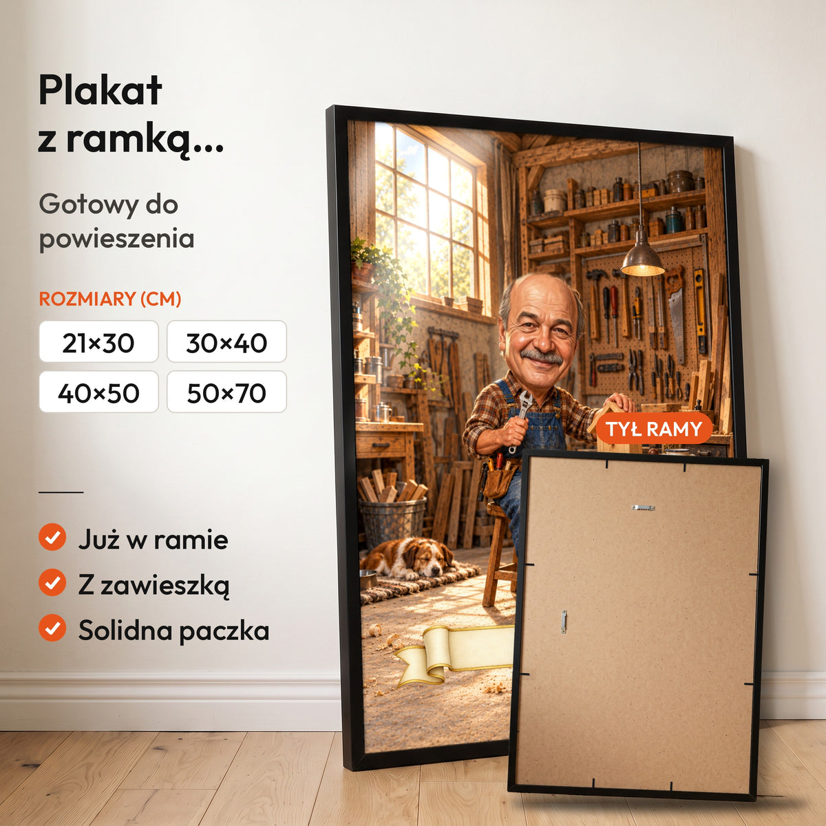 Złota Rączka — plakat z ramką, gotowy do powieszenia: czarna rama od przodu i tył ramy z zawieszką. C-PL-KAR-15-2130-NF
