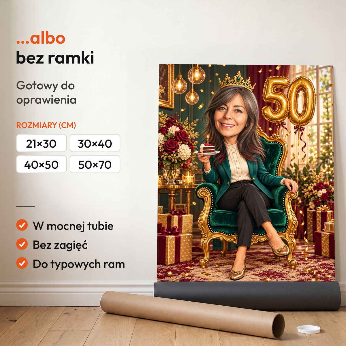 Jubilatka Na Tronie — plakat bez ramki, gotowy do oprawienia: rozwinięty z rolki, obok tuba do wysyłki. C-PL-KAR-19-2130-NF