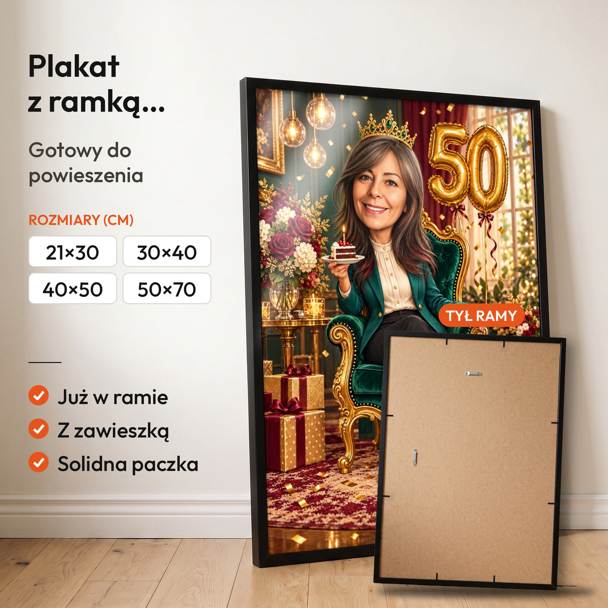 Jubilatka Na Tronie — plakat z ramką, gotowy do powieszenia: czarna rama od przodu i tył ramy z zawieszką. C-PL-KAR-19-2130-NF