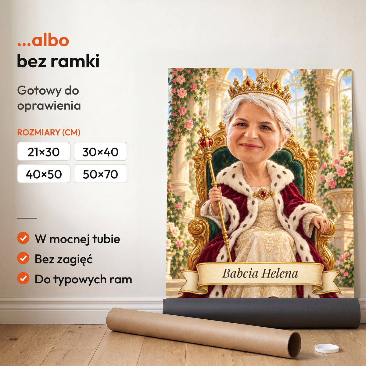 Królowa Babcia — plakat bez ramki, gotowy do oprawienia: rozwinięty z rolki, obok tuba do wysyłki. C-PL-KAR-07-2130-NF