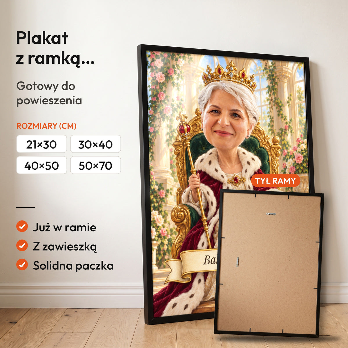 Królowa Babcia — plakat z ramką, gotowy do powieszenia: czarna rama od przodu i tył ramy z zawieszką. C-PL-KAR-07-2130-NF